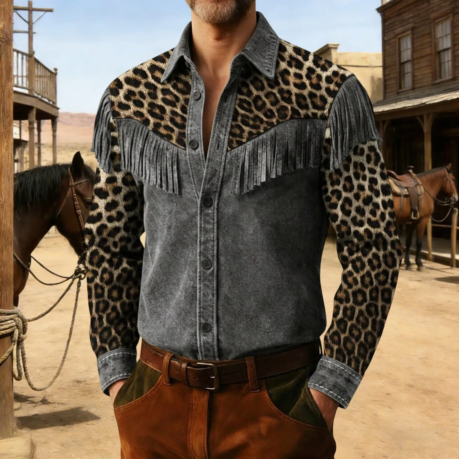 Generico Camicia a Quadri Uomo Western Stile Cowboy con Frange, Maniche Lunghe, Nero, L - immagine 2