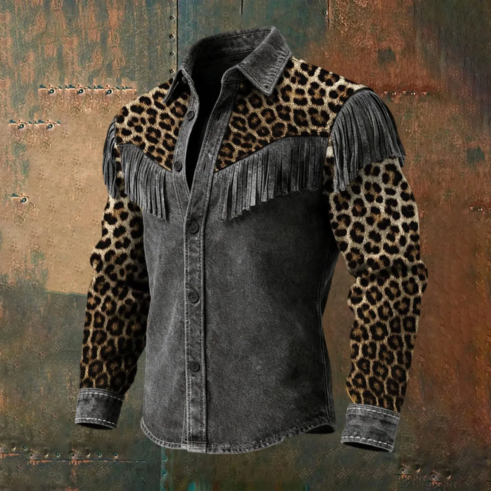 Generico Camicia di Lino Uomo Western Stile Cowboy con Frange Maniche Lunghe - Nero, 3XL - immagine 3