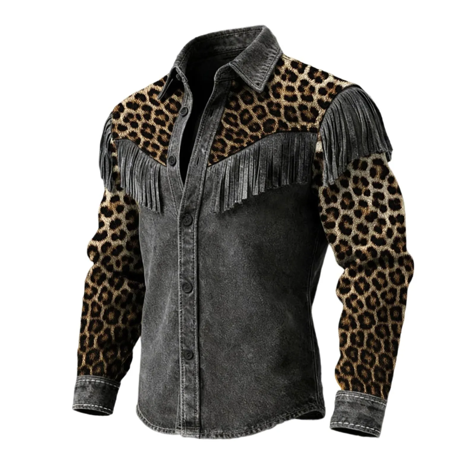 Generico Camicia di Lino Uomo Western Stile Cowboy con Frange Maniche Lunghe - Nero, 3XL - immagine 5