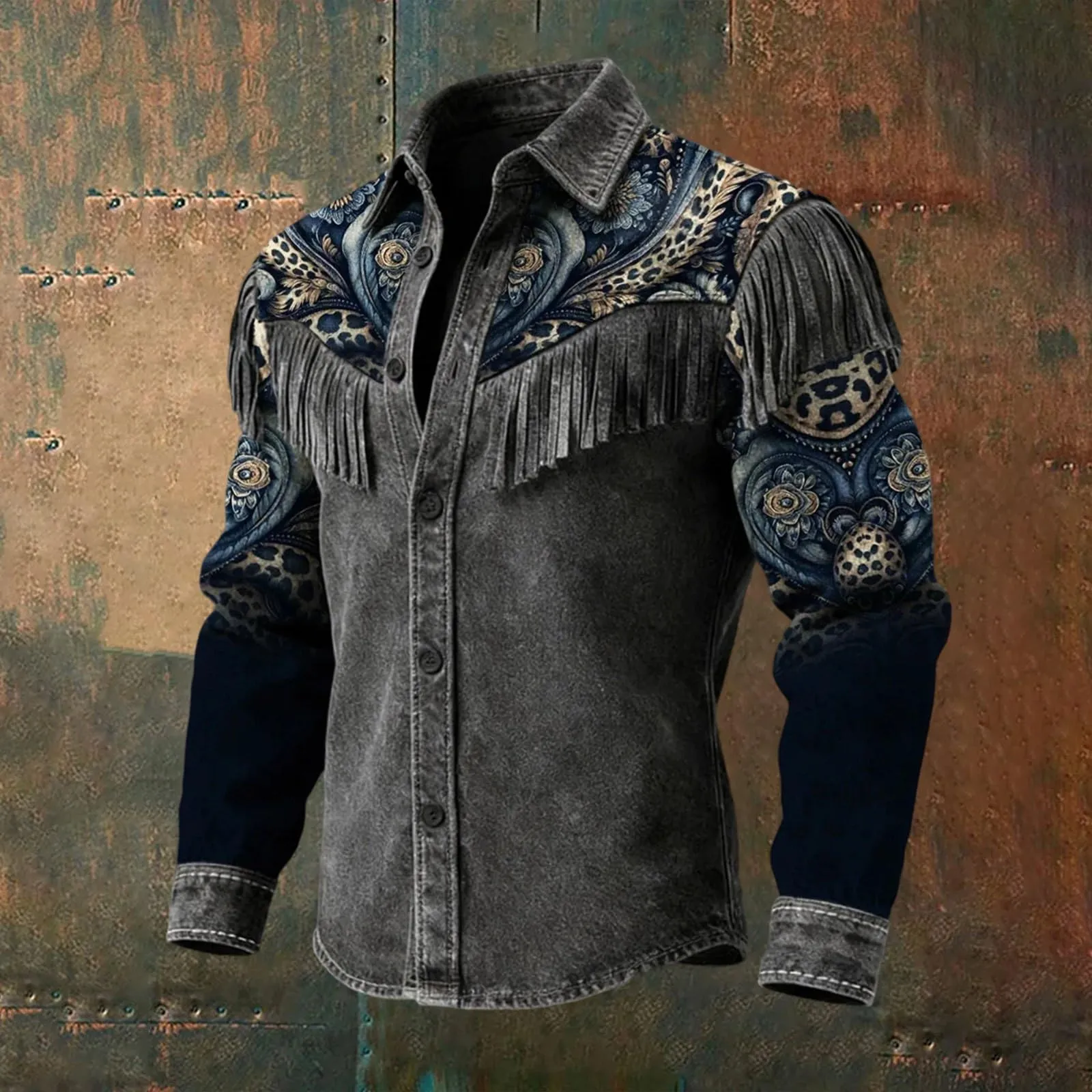 Generico Camicia Western Slim Fit con Frange a Maniche Lunghe per Uomo, Nero, M - immagine 2