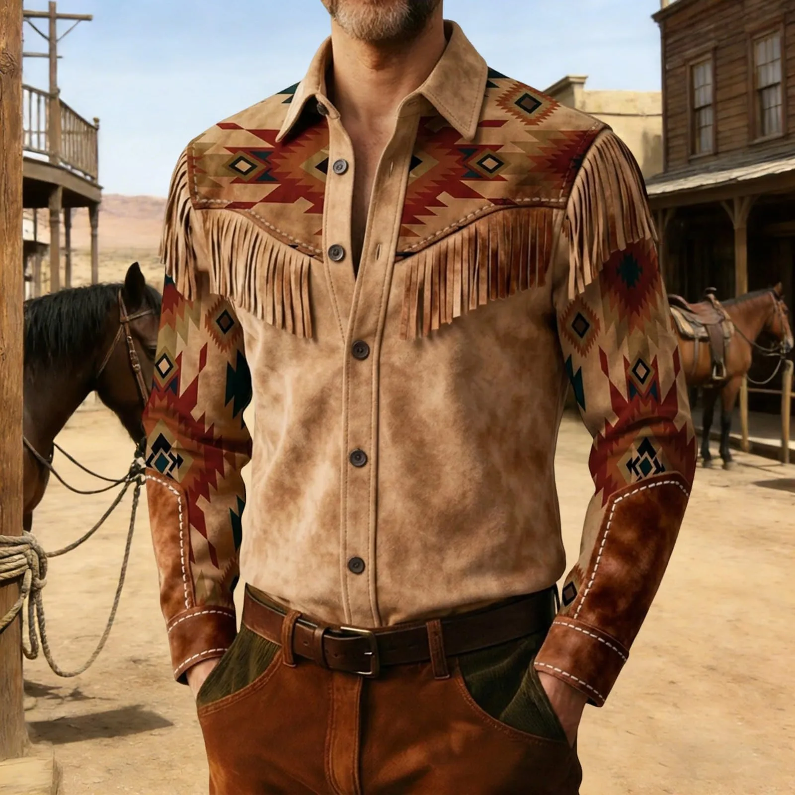 Generico Camicia Uomo Western Stile Cowboy con Frange, Maniche Lunghe, Marrone, M - immagine 2