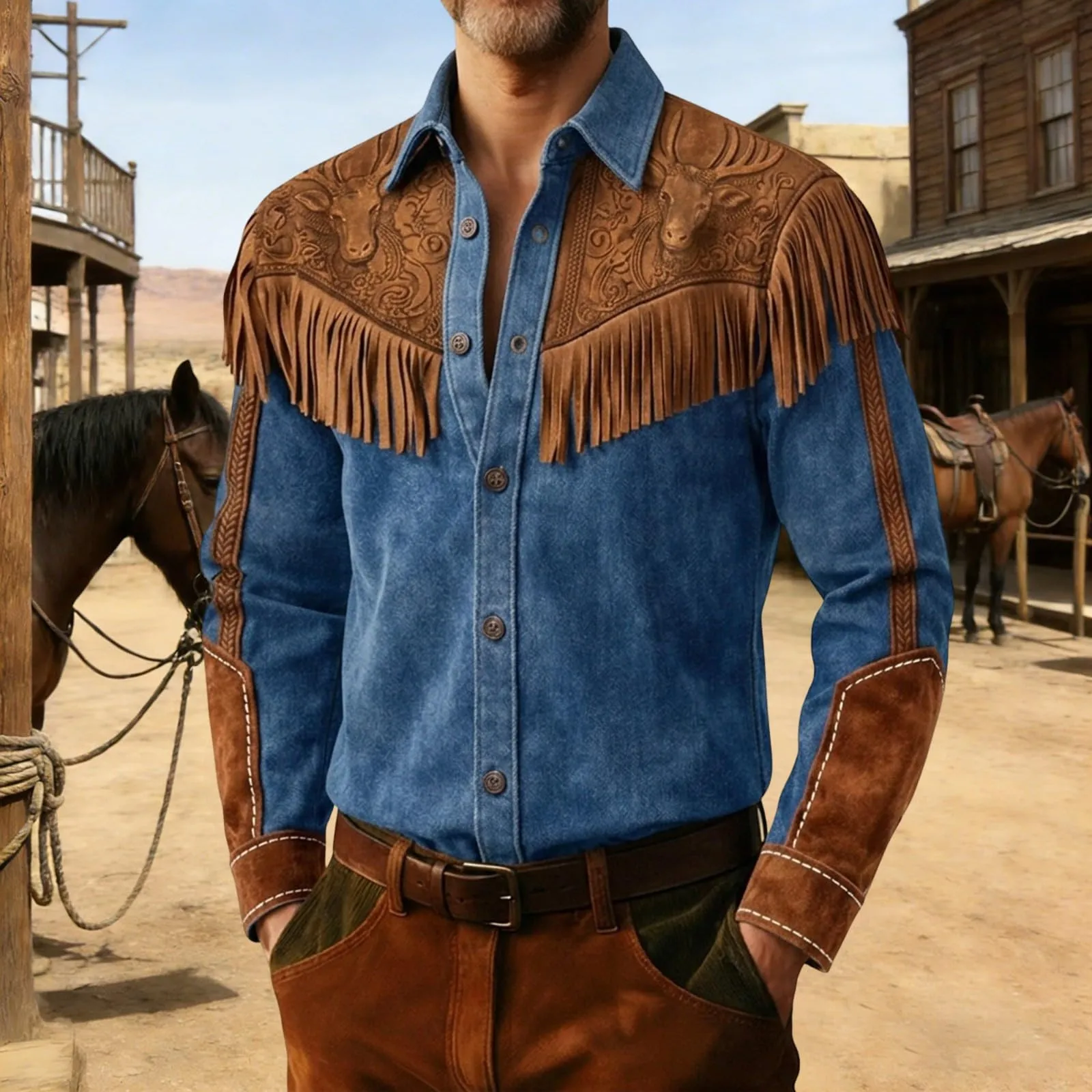 Generico Camicia Uomo Regular Fit Western Stile Cowboy con Frange e Maniche Lunghe - immagine 2