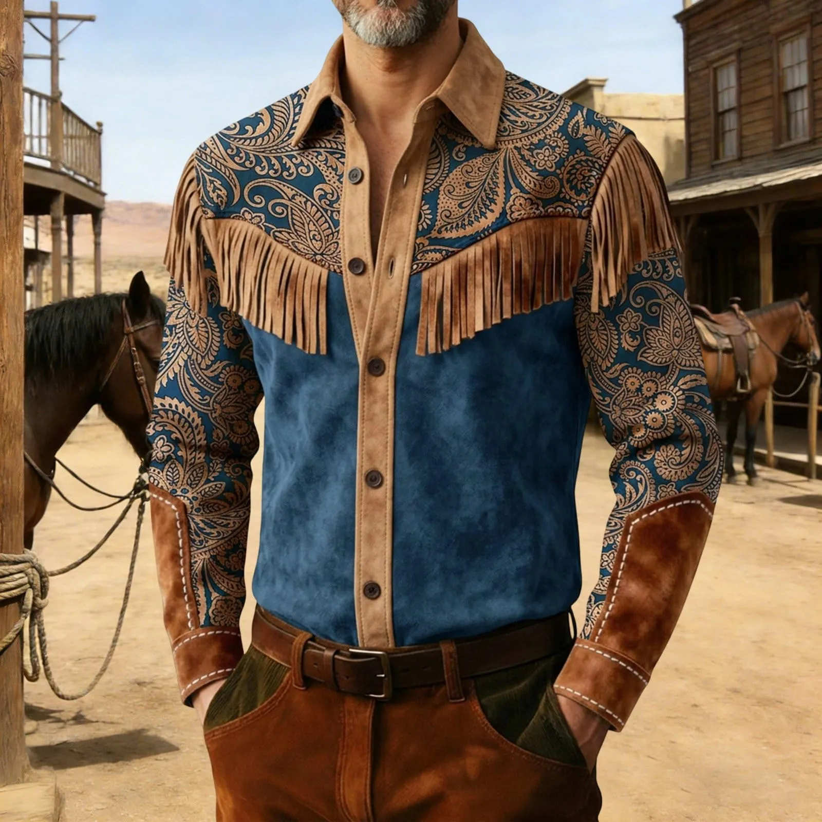 Generico Camicia Uomo Regular Fit Western Stile Cowboy con Frange, Maniche Lunghe, Blu Scuro - immagine 2