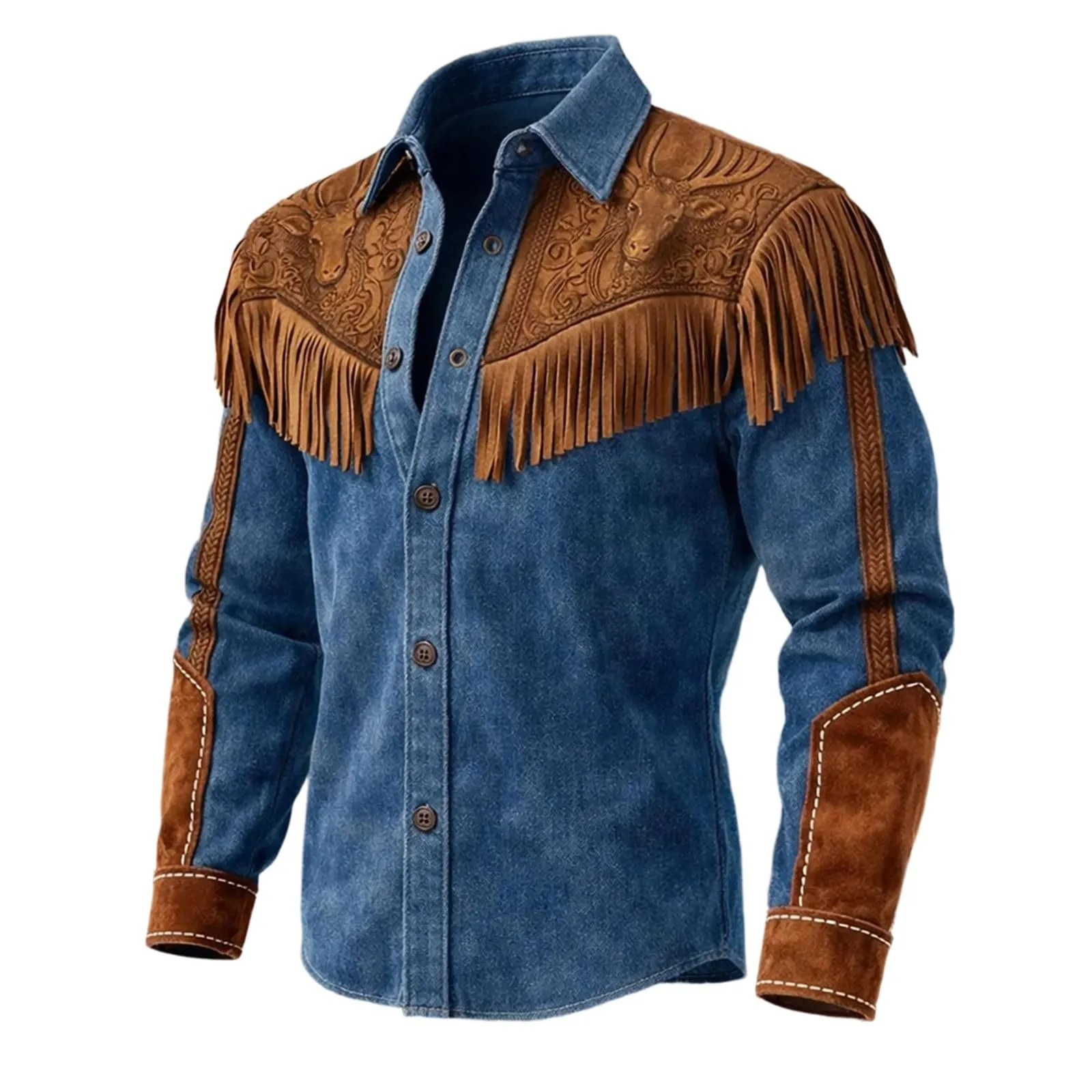 Generico Camicia Uomo Regular Fit Western Stile Cowboy con Frange, Maniche Lunghe - immagine 1