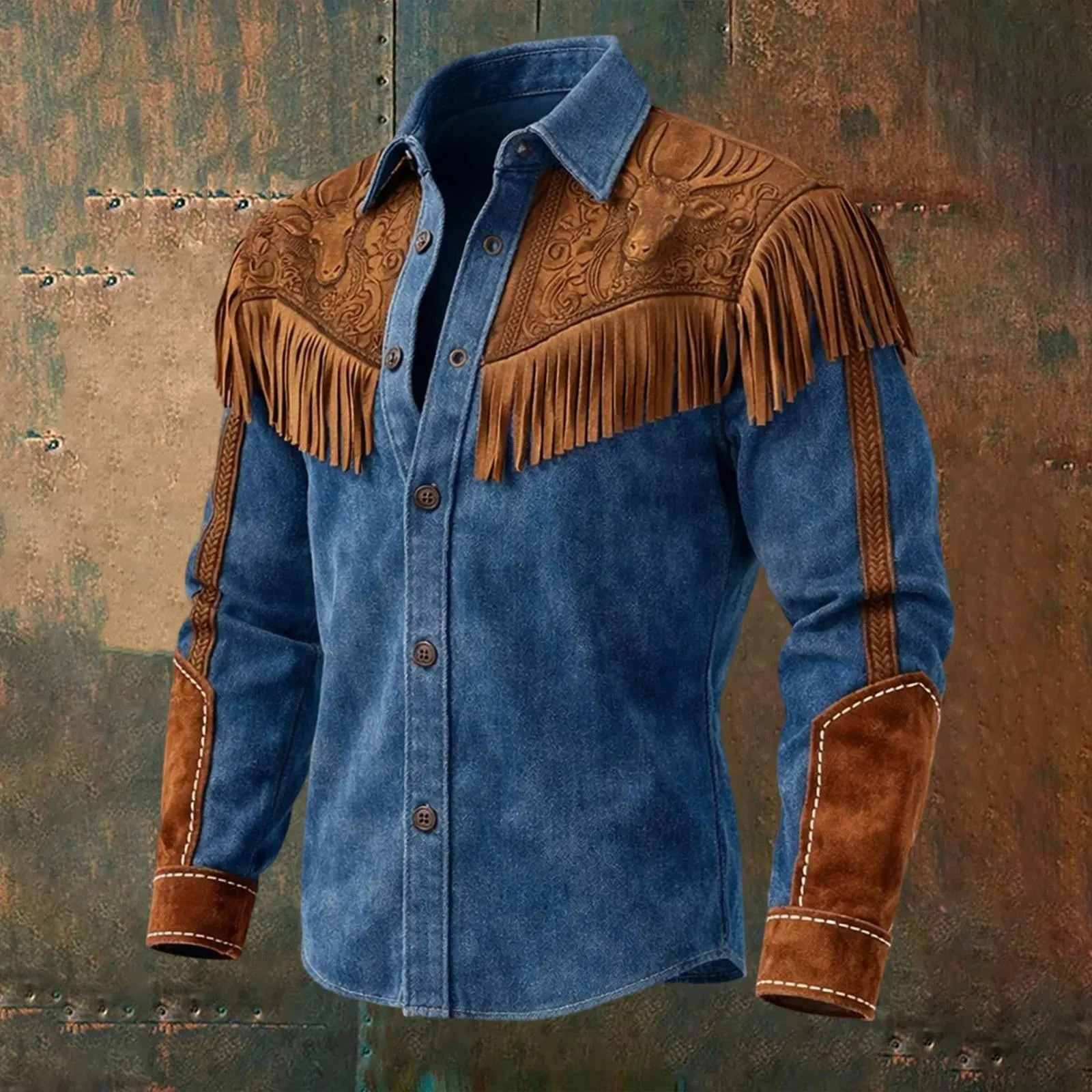 Generico Camicia Uomo Regular Fit Stile Western Cowboy con Frange Maniche Lunghe - immagine 3