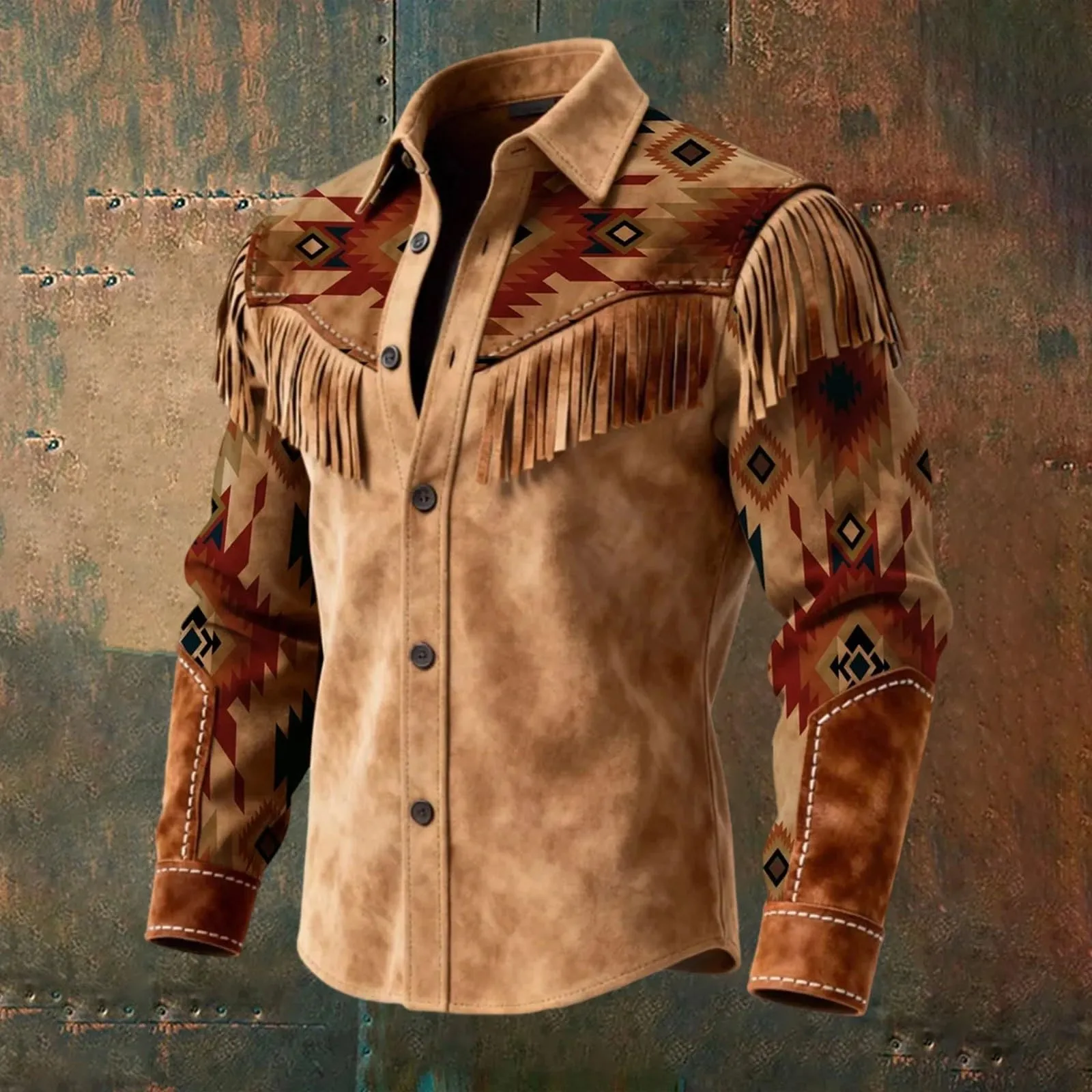 Generico Camicia Uomo Regular Fit Stile Western Cowboy con Frange e Maniche Lunghe - immagine 3