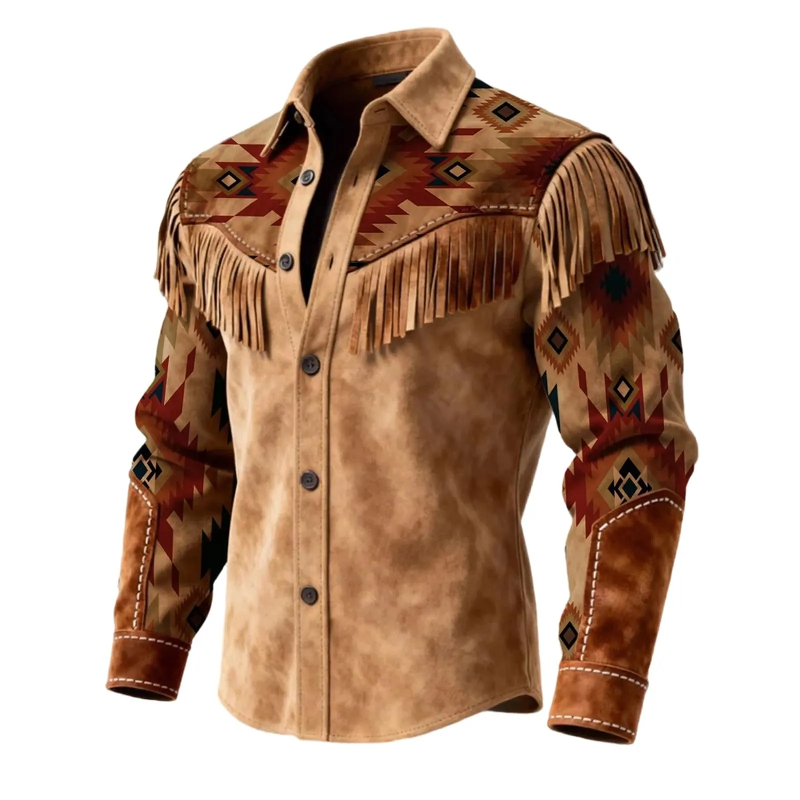 Generico Camicia Uomo Regular Fit Western Stile Cowboy con Frange, Maniche Lunghe - immagine 1