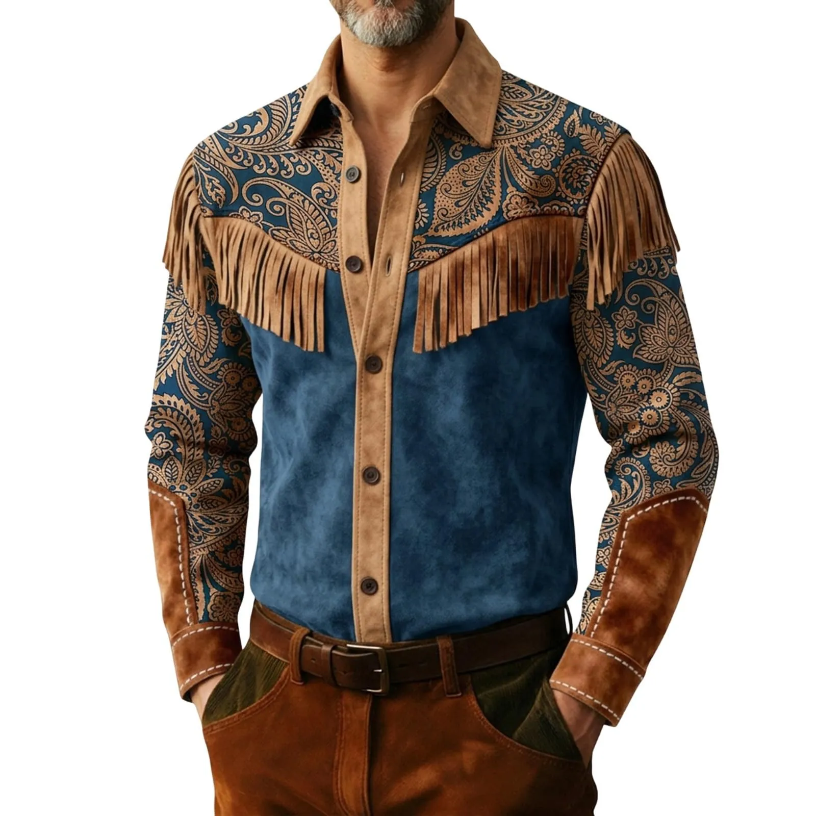 Generico Camicia Uomo Regular Fit Western Stile Cowboy con Frange, Maniche Lunghe, Blu Scuro - immagine 1