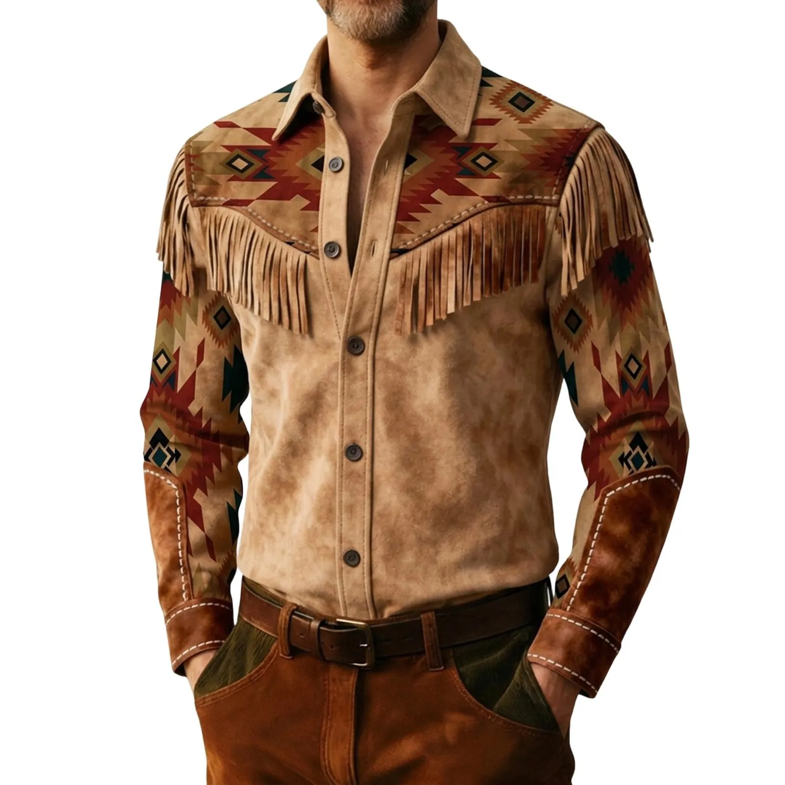 Generico Camicia Uomo Regular Fit Western Stile Cowboy con Frange, Maniche Lunghe, Marrone - immagine 5