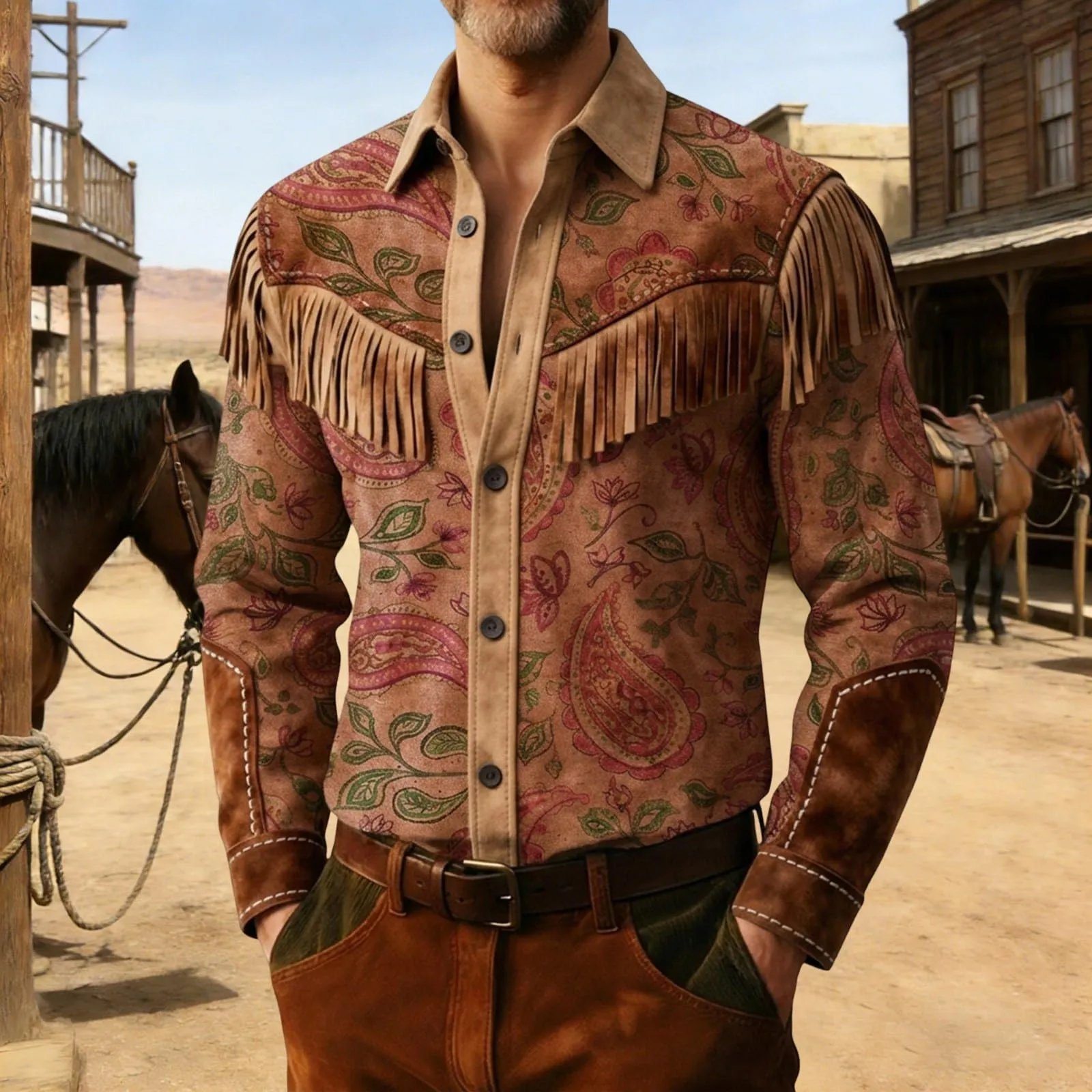 Generico Camicia Uomo Regular Fit Western Stile Cowboy con Frange e Maniche Lunghe - immagine 2