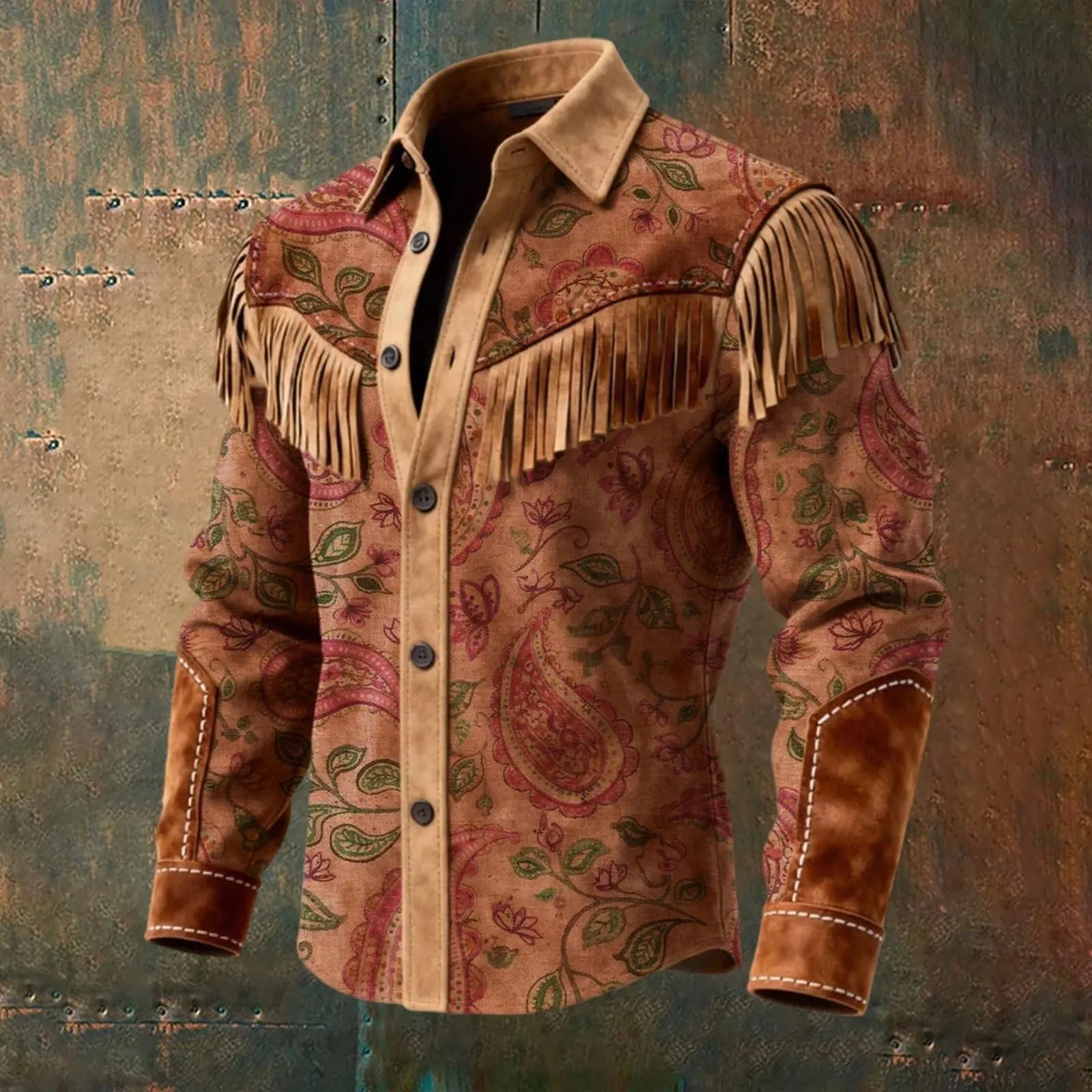Generico Camicia Uomo Regular Fit Western Stile Cowboy con Frange, Maniche Lunghe, Marrone - immagine 3