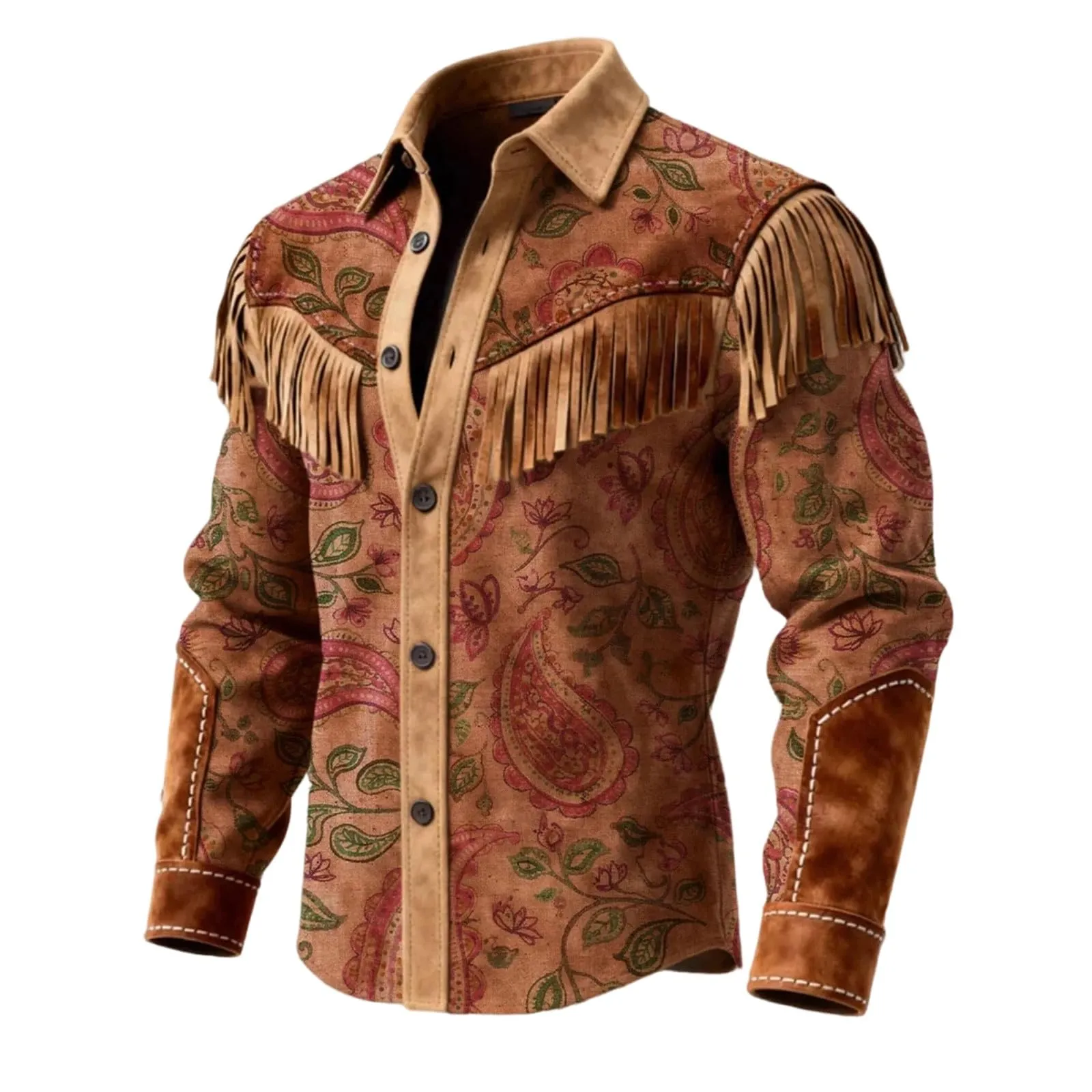 Generico Camicia Uomo Regular Fit Stile Western Cowboy con Frange, Maniche Lunghe, Marrone - immagine 1