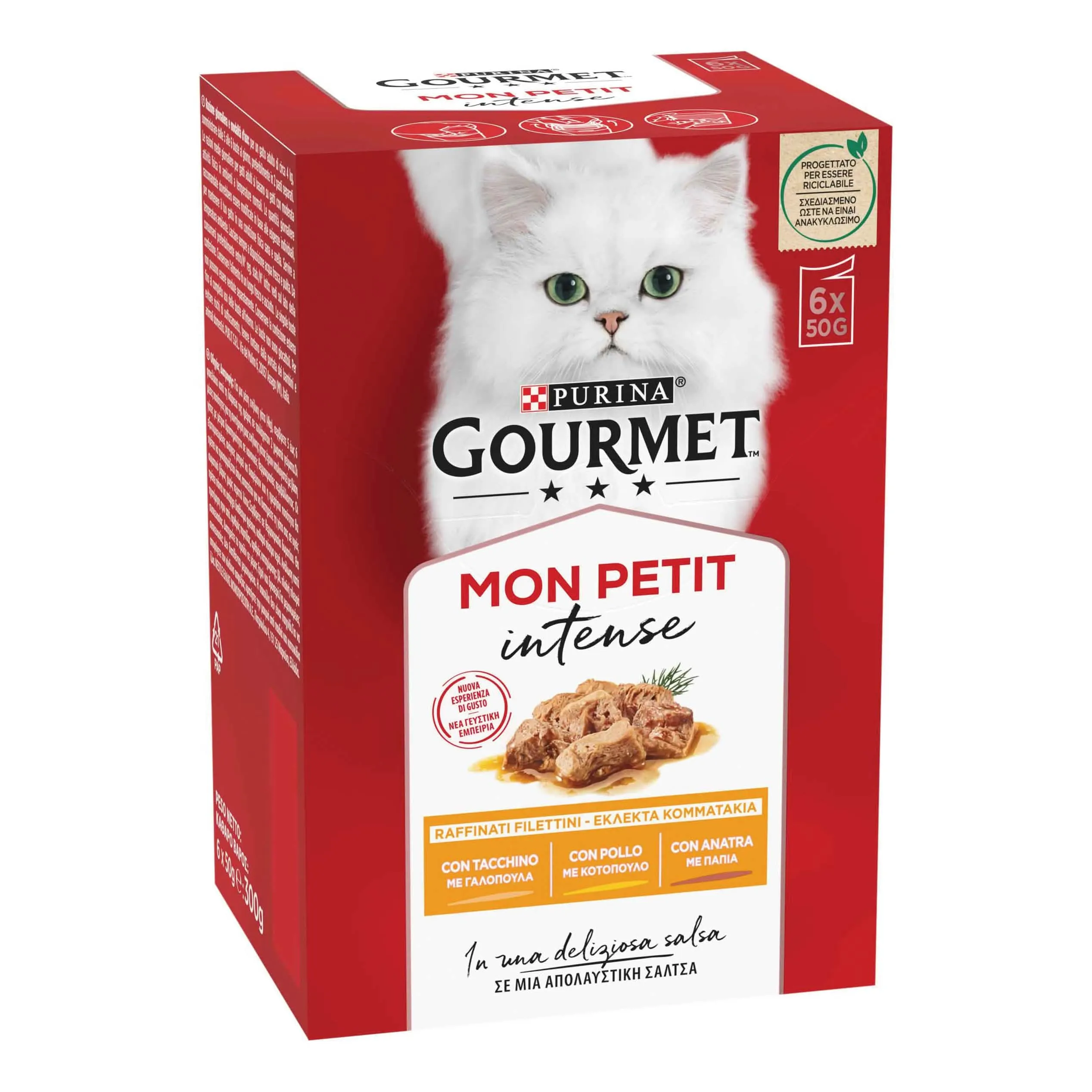 Gourmet Mon Petit Intense Cibo Umido per Gatti Adulti Filettini con Anatra, Pollo e Tacchino, 6 Buste da 50g - immagine 1
