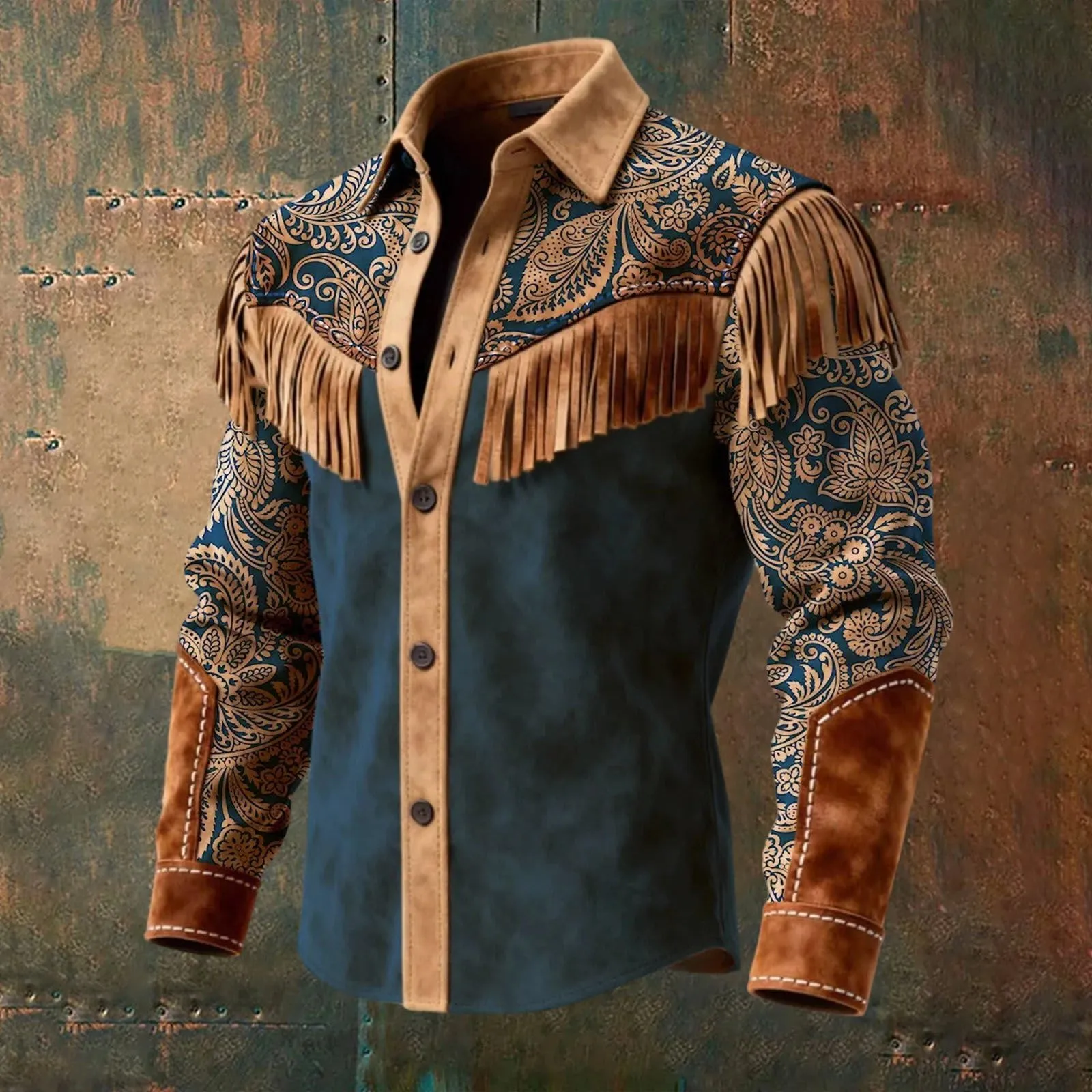Generico Camicia Uomo Regular Fit Western Stile Cowboy con Frange, Maniche Lunghe - immagine 3