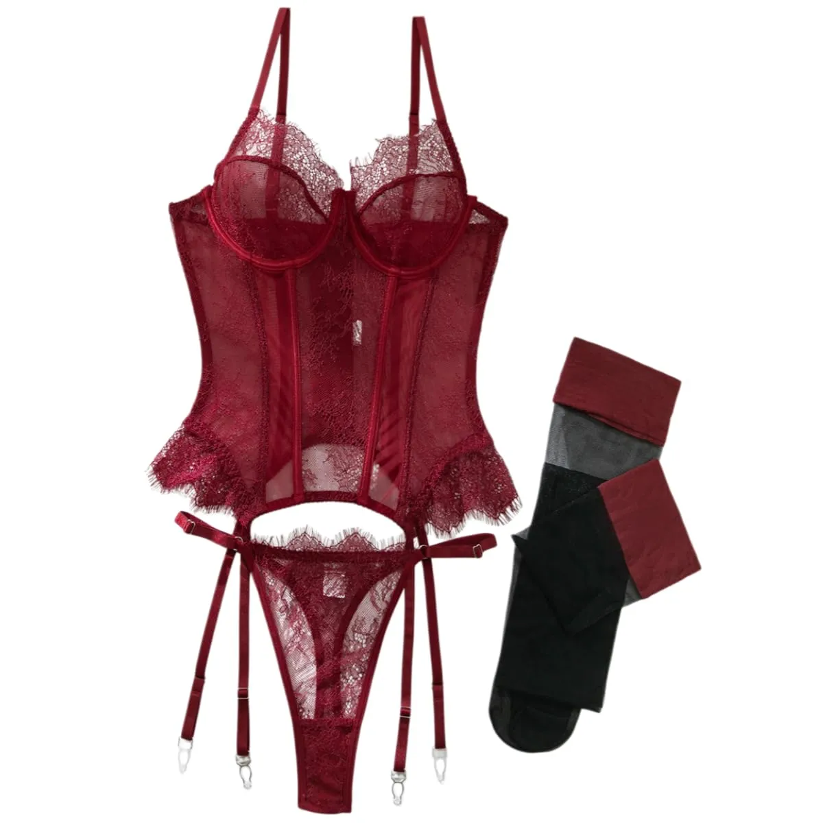 YISENJEE Corsetto in Pizzo con Stecche a Spina di Pesce, Reggicalze e Calze, Bordeaux, S - immagine 1