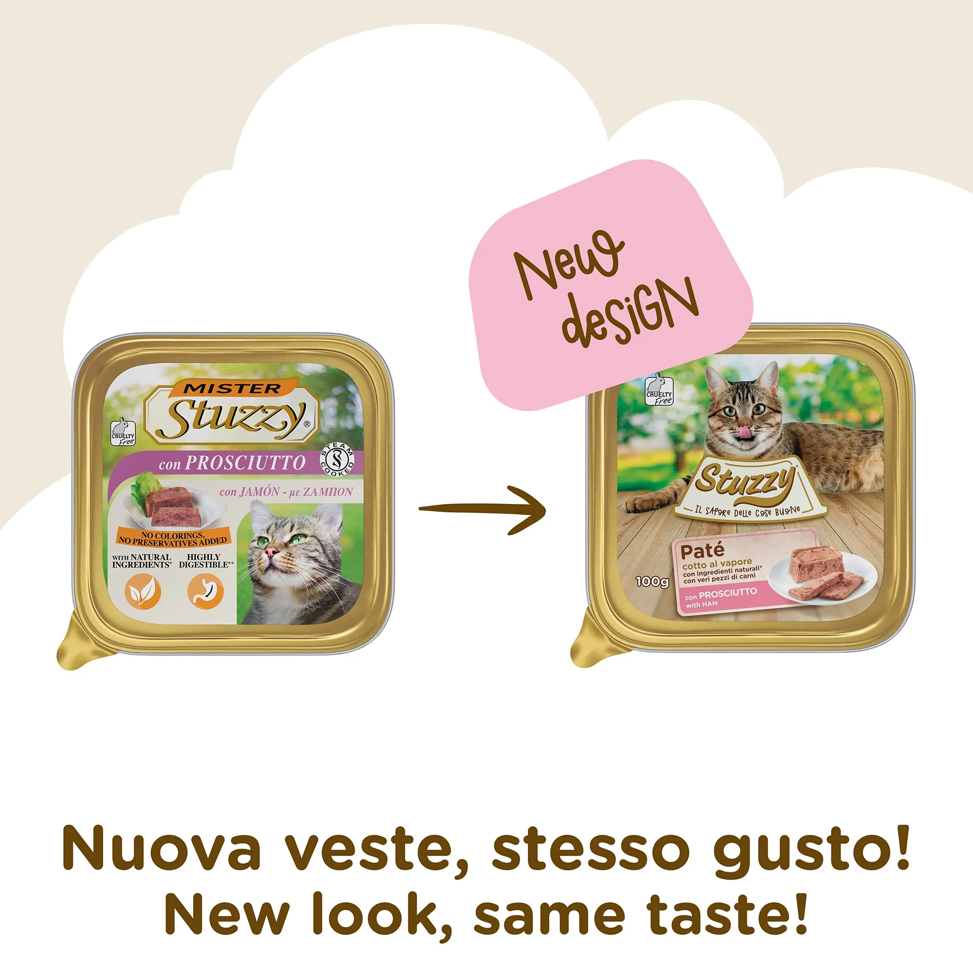 Stuzzy Cibo Umido per Gatti Adulti al Gusto Prosciutto, Paté e Carni in Pezzi, 3,2 kg (32 Vaschette da 100 g) - immagine 2