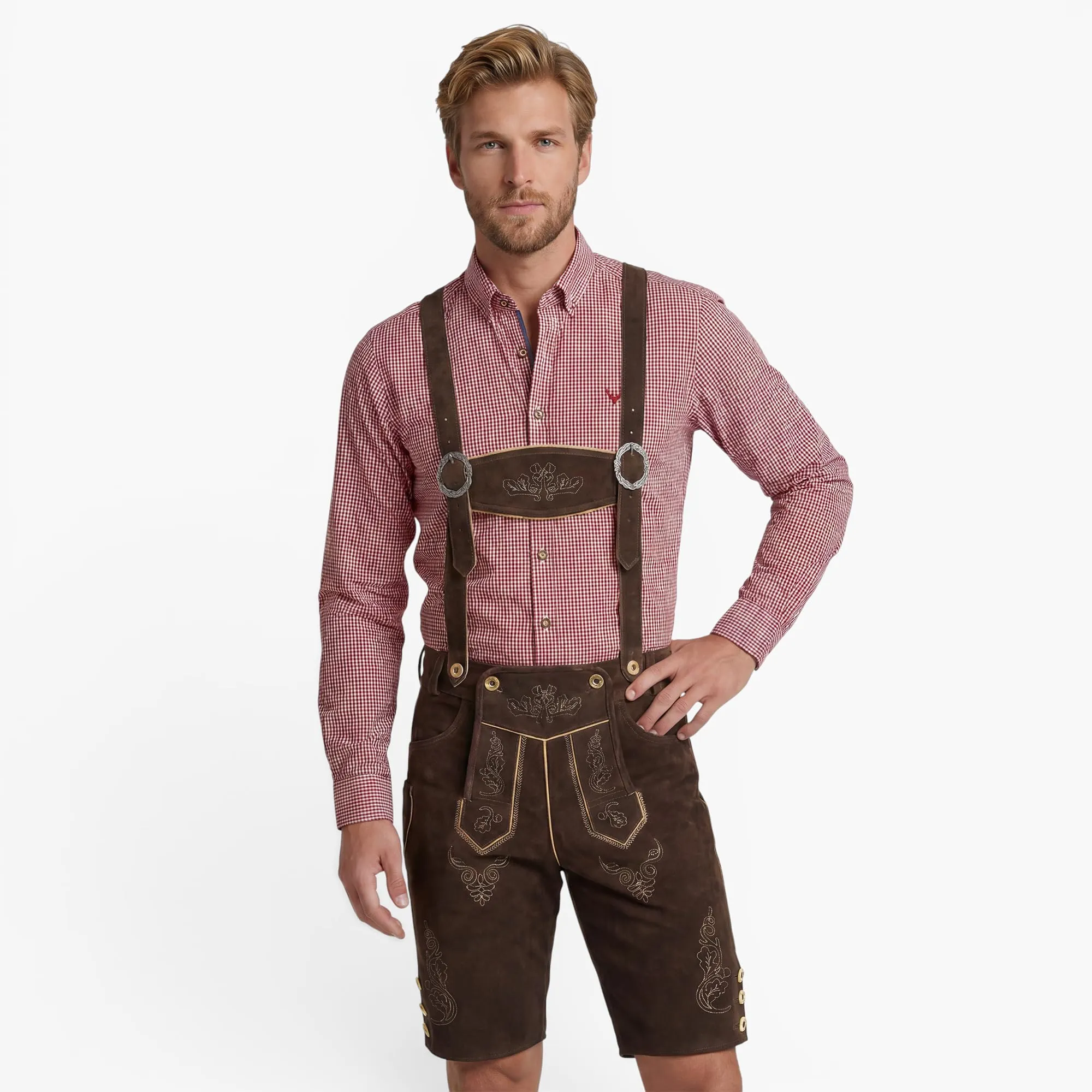 Bohmberg Pantaloni di Pelle Bavaresi Corti Uomo con Bretelle e Laccio, Marrone, Taglia 54 - immagine 7