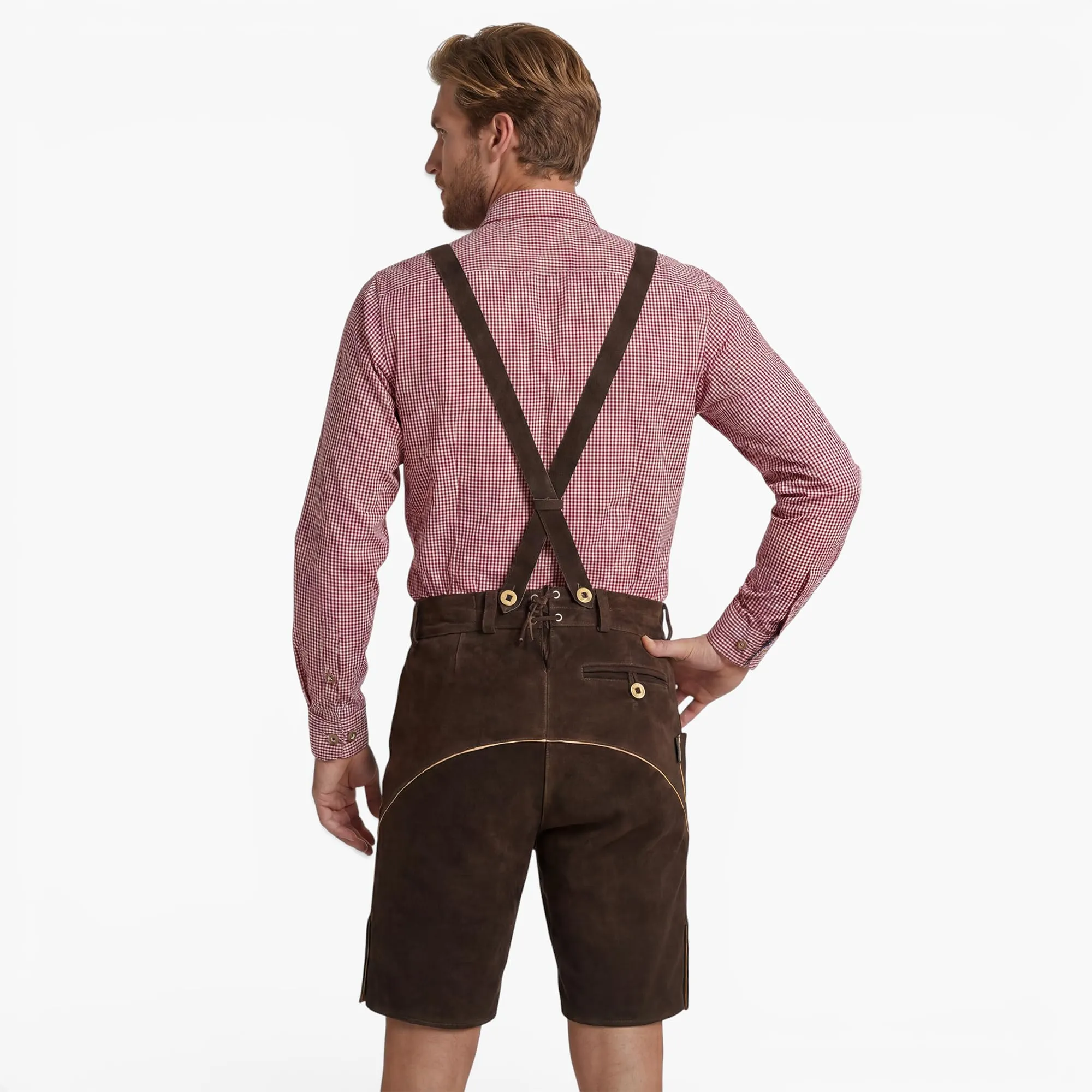 Bohmberg Pantaloni di Pelle Bavaresi Corti Uomo con Bretelle e Laccio, Marrone, Taglia 54 - immagine 8