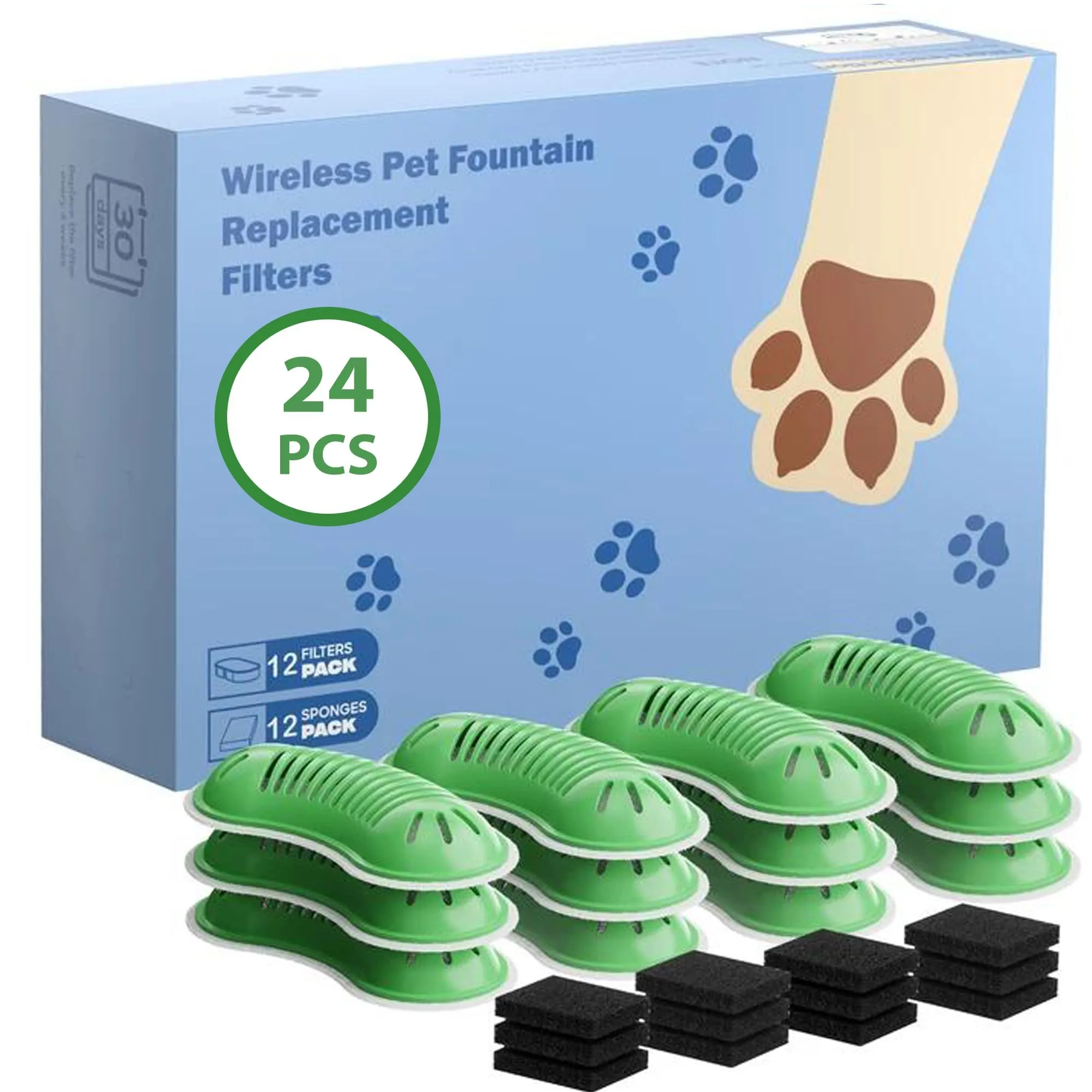 GOOIFUN Filtri per Fontanella Gatti, 24 Pezzi (12 Filtri in Carbone + 12 Spugne) per Distributore Acqua Gatti senza Fili 2.6L - immagine 1