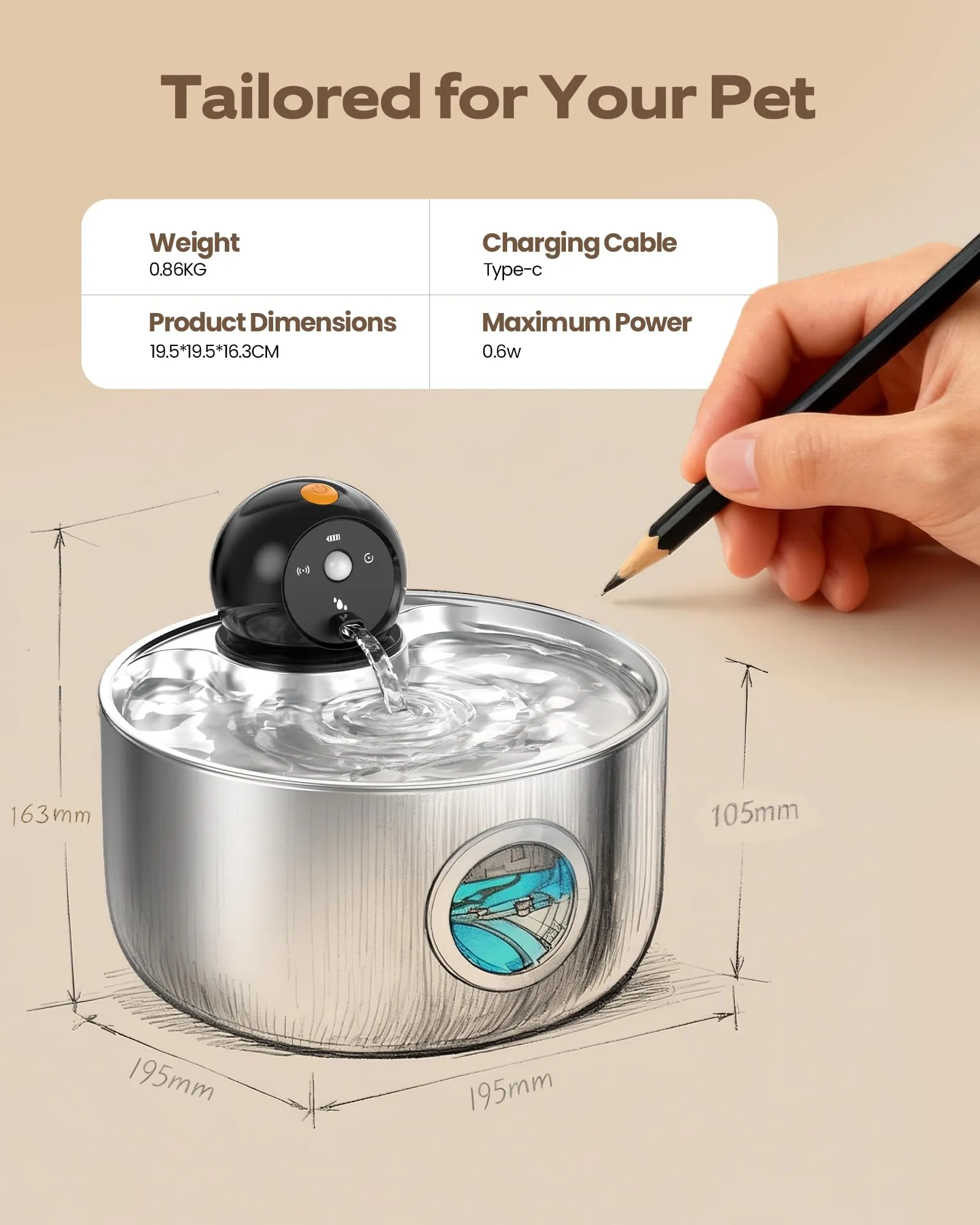 NOBXBON Fontanella per Gatti senza Fili in Acciaio, Dispenser Acqua Automatico con Sensore di Movimento, 2.6L, Batteria - immagine 9
