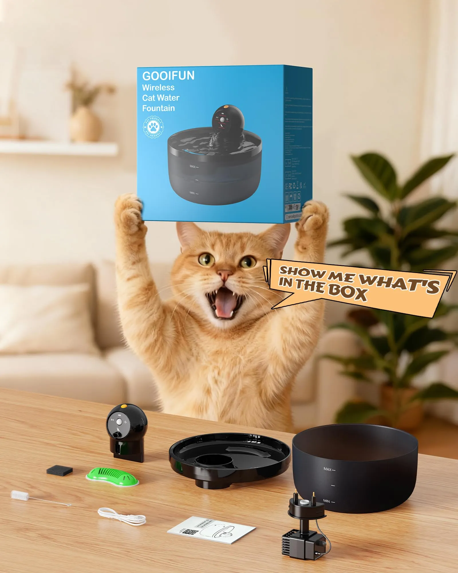 GOOIFUN Fontanella per Gatti con Sensore, Wireless e Ricaricabile, 2.6L, Nero, con 8 Filtri e 8 Spugne, W3-F8 - immagine 9