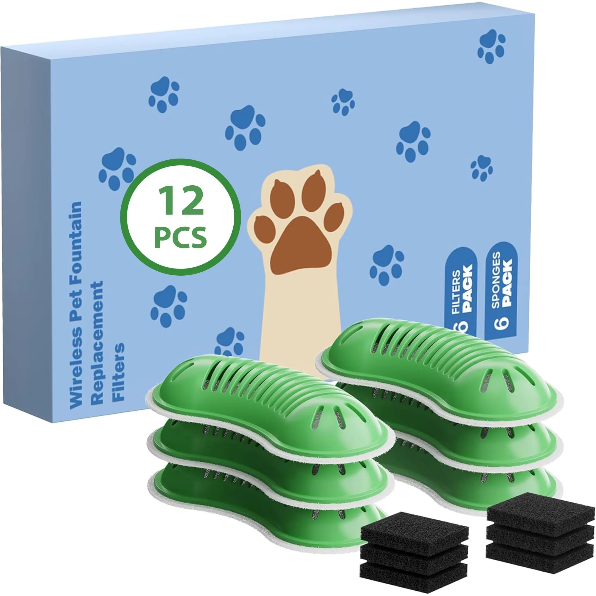 GOOIFUN Filtri per Fontanella Gatti, 6 Filtri in Carbone e 6 Spugne per Dispenser Acqua Wireless 2.6L - immagine 1