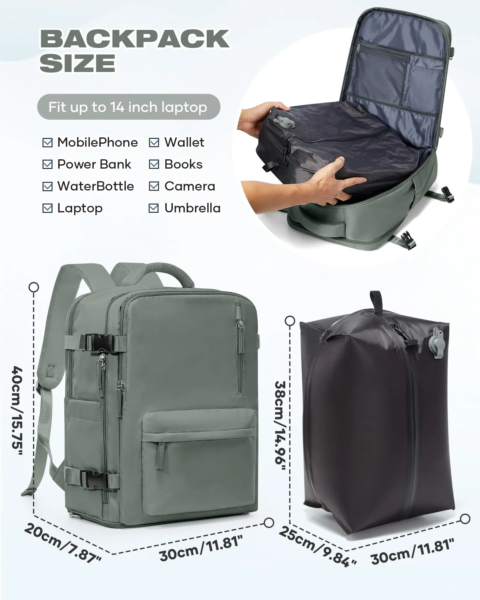 SZLX Zaino da Viaggio Sottovuoto con Pompa 40x30x20 per Ryanair, Wizzair, Easyjet, Impermeabile, Laptop 14 Pollici - immagine 4