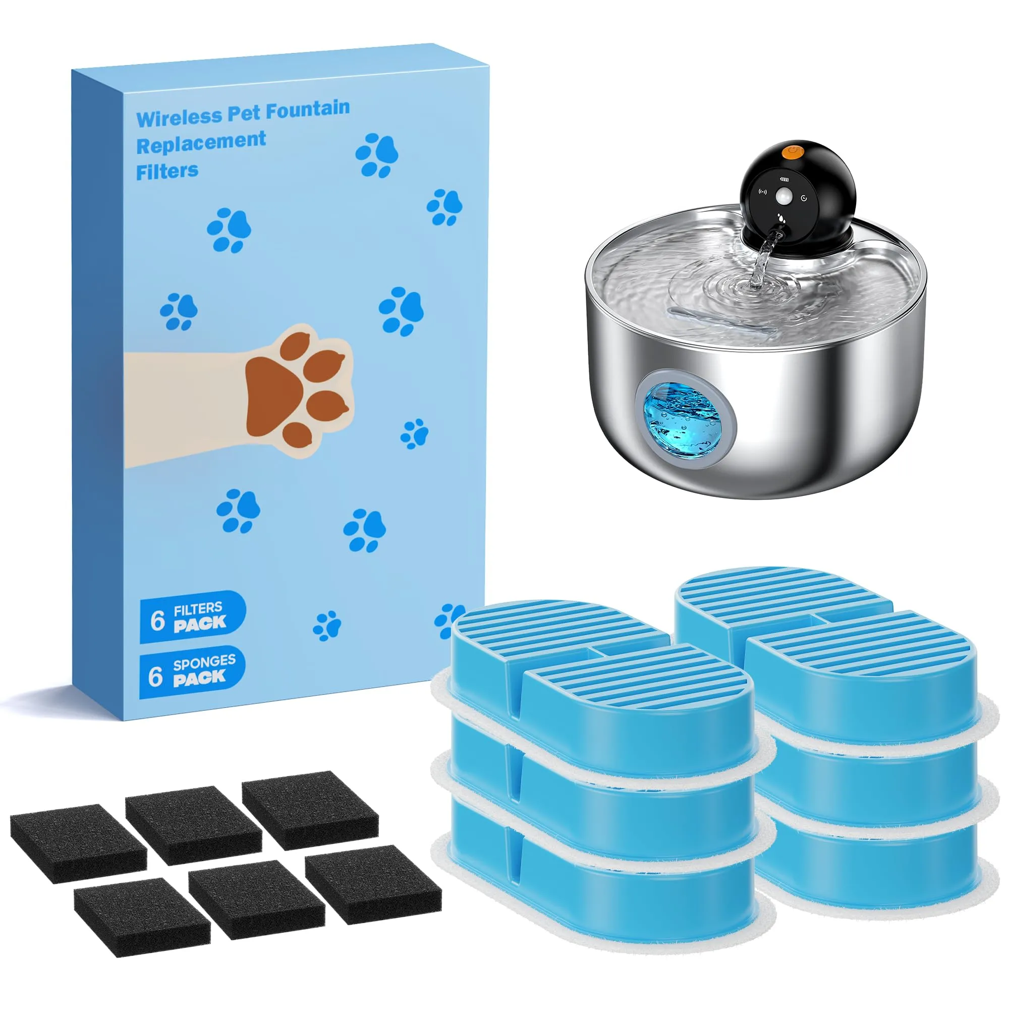 NOBXBON Filtri per Fontanella Gatti, 6 Filtri a Carbone Attivo e 6 Filtri in Spugna, Set per 3 Mesi - immagine 1