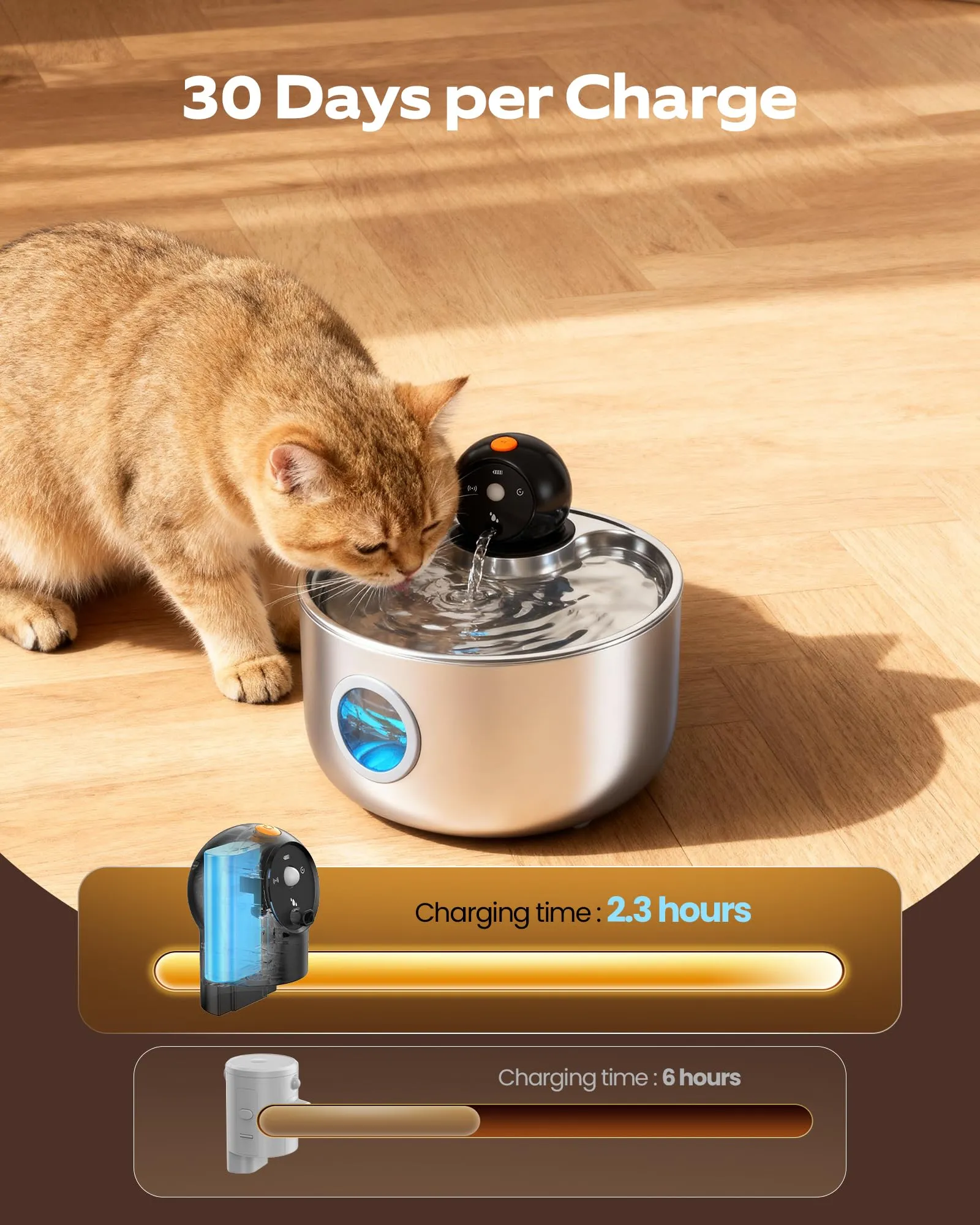 NOBXBON Fontanella per Gatti Senza Fili in Acciaio, Dispenser Acqua con Sensore di Movimento, 2.6L, Automatica a Batteria, 9 Filtri - immagine 3
