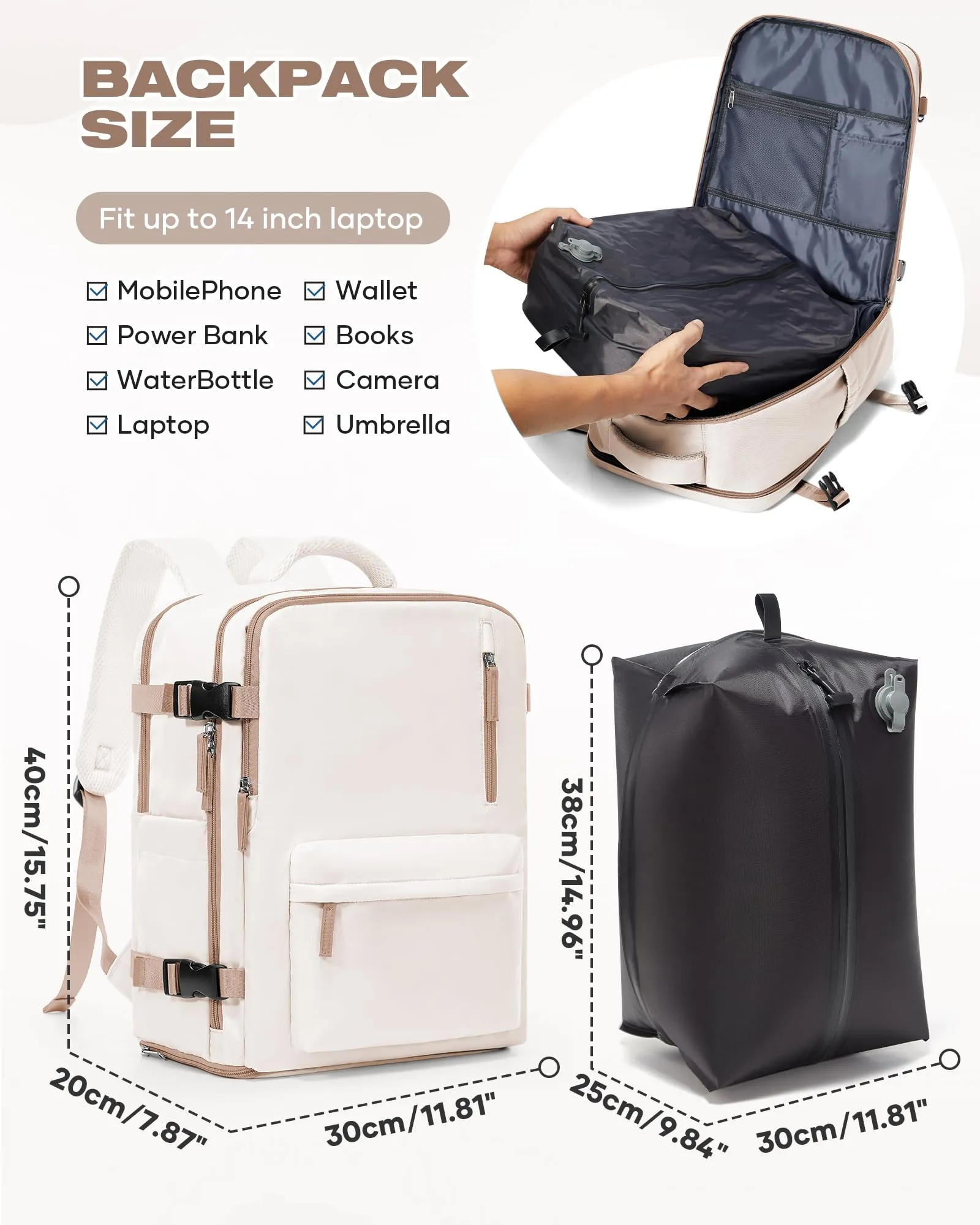 SZLX Zaino da Viaggio Sottovuoto con Pompa 40x30x20 cm per Ryanair, Wizzair, Easyjet, Impermeabile per Laptop 14 Pollici - immagine 4