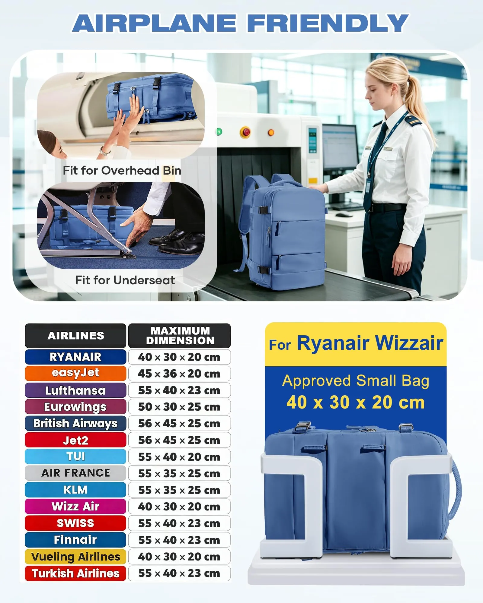 SZLX Zaino da Viaggio Sottovuoto con Pompa 40x30x20 per Ryanair Wizzair, Impermeabile con Scomparto Scarpe e Laptop 14 Pollici - immagine 3