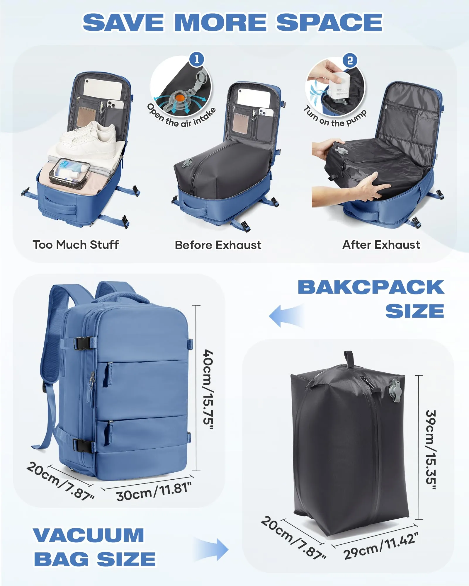 SZLX Zaino da Viaggio Sottovuoto con Pompa 40x30x20 per Ryanair Wizzair, Impermeabile con Scomparto Scarpe e Laptop 14 Pollici - immagine 5