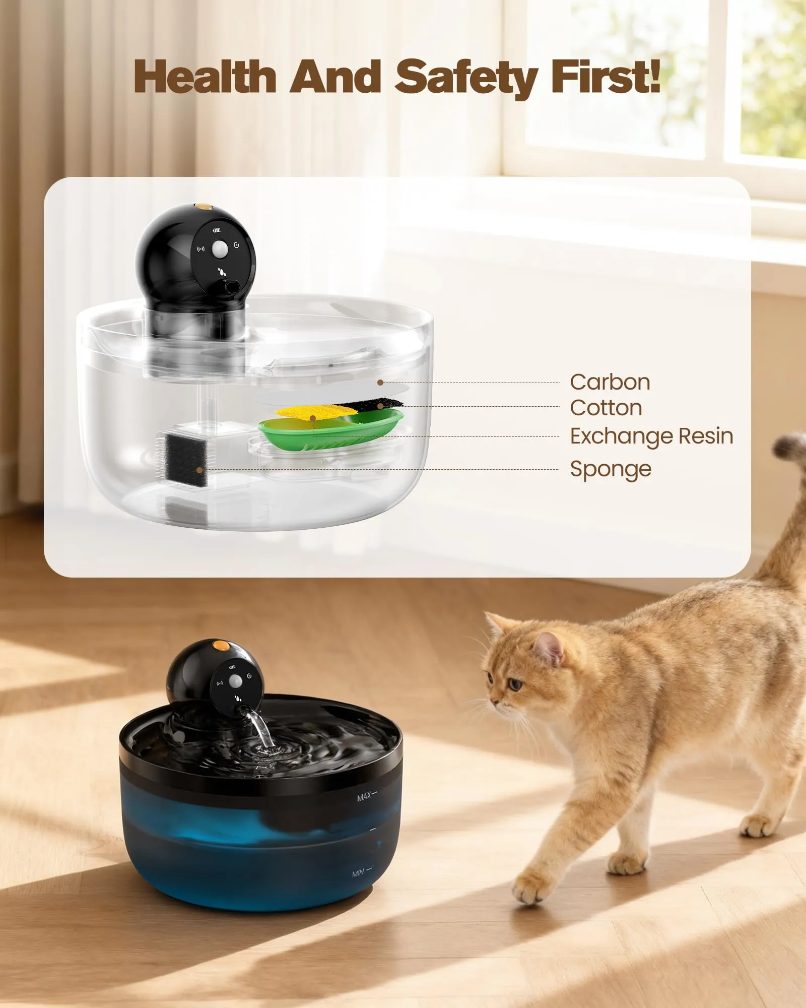 GOOIFUN Fontanella per Gatti senza Fili con Sensore di Movimento, 2.6L, Ricaricabile, Nero - immagine 6
