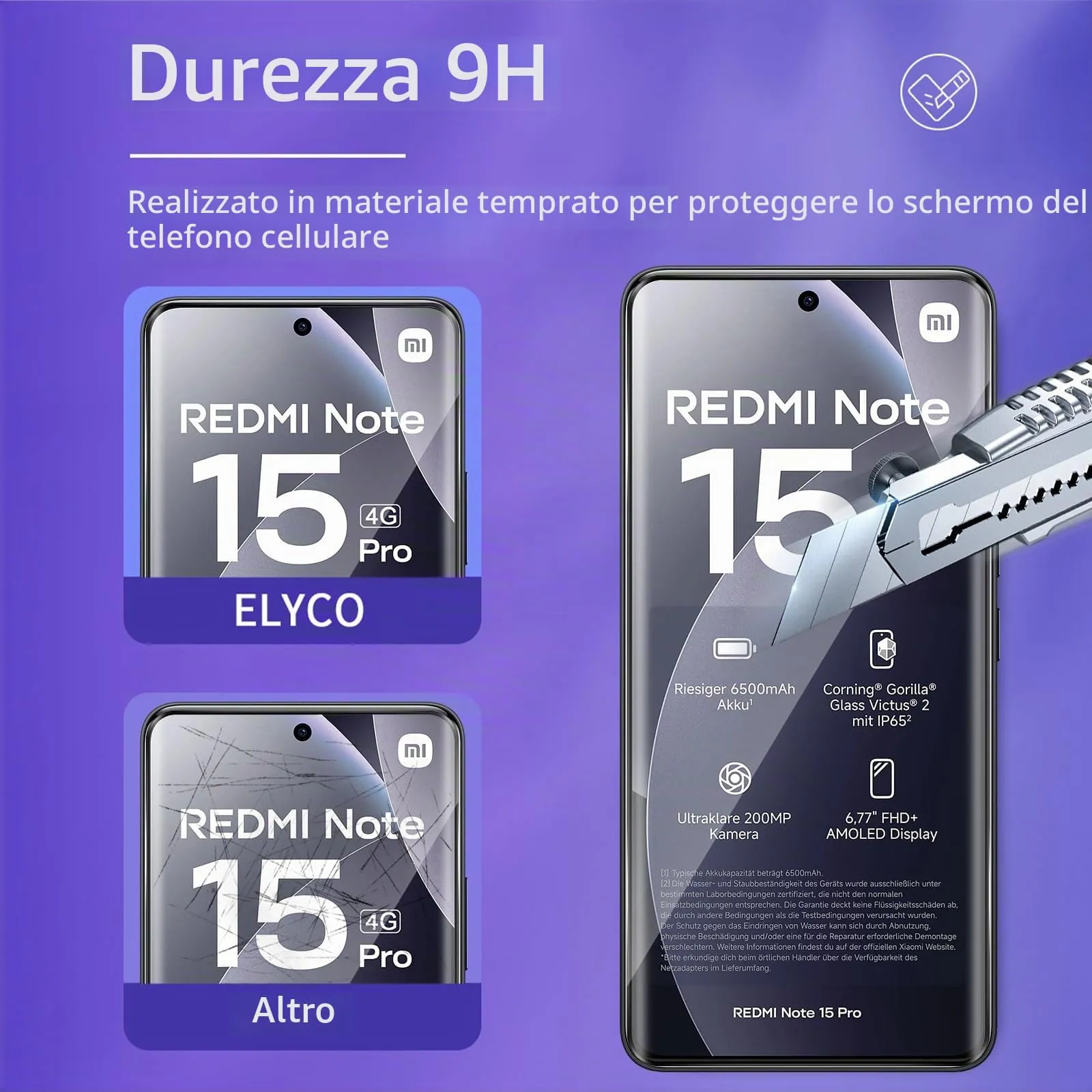 ELYCO Vetro Temperato per Xiaomi Redmi Note 15 Pro 4G, 3+2 Pezzi - immagine 3