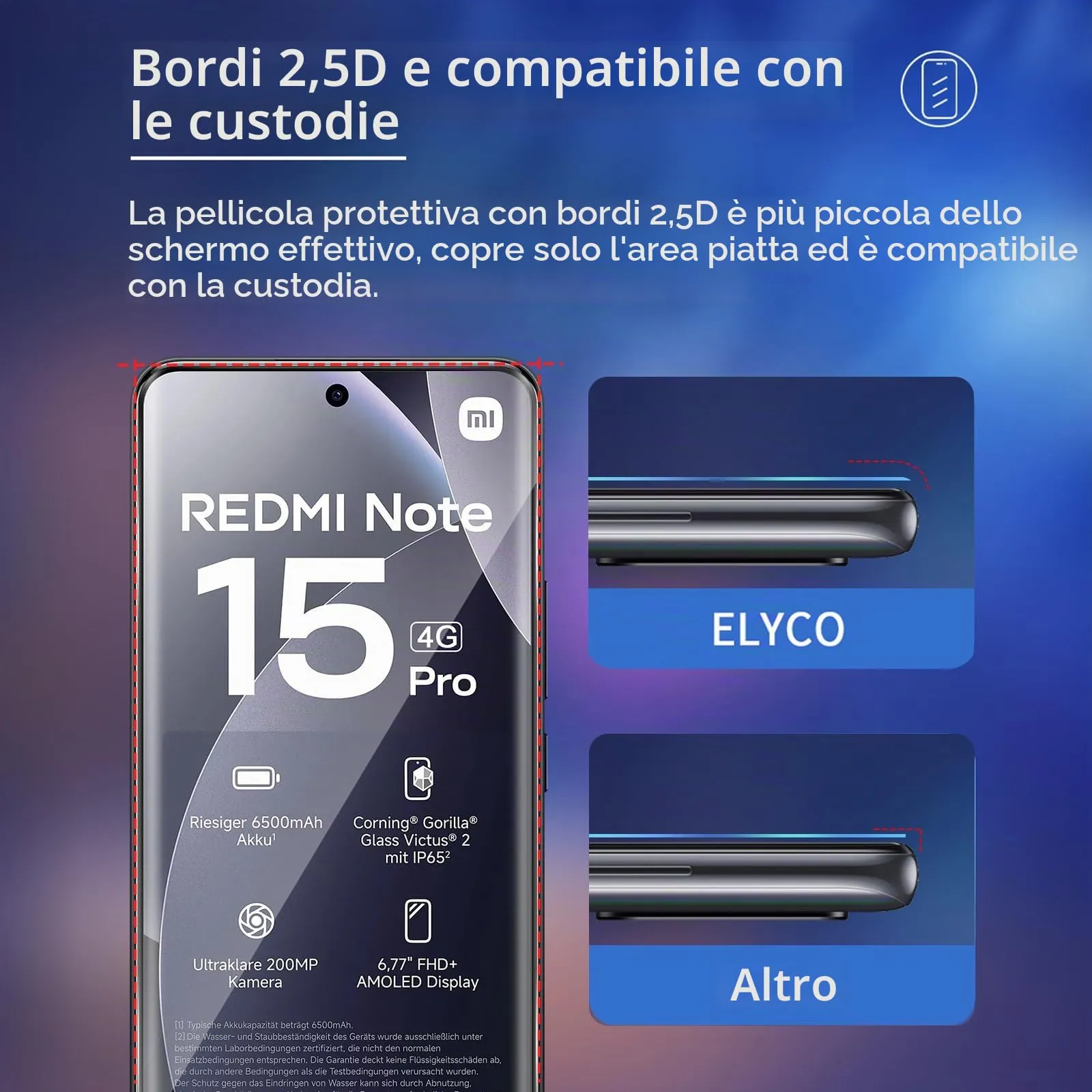 ELYCO Vetro Temperato per Xiaomi Redmi Note 15 Pro 4G, 3+2 Pezzi - immagine 5