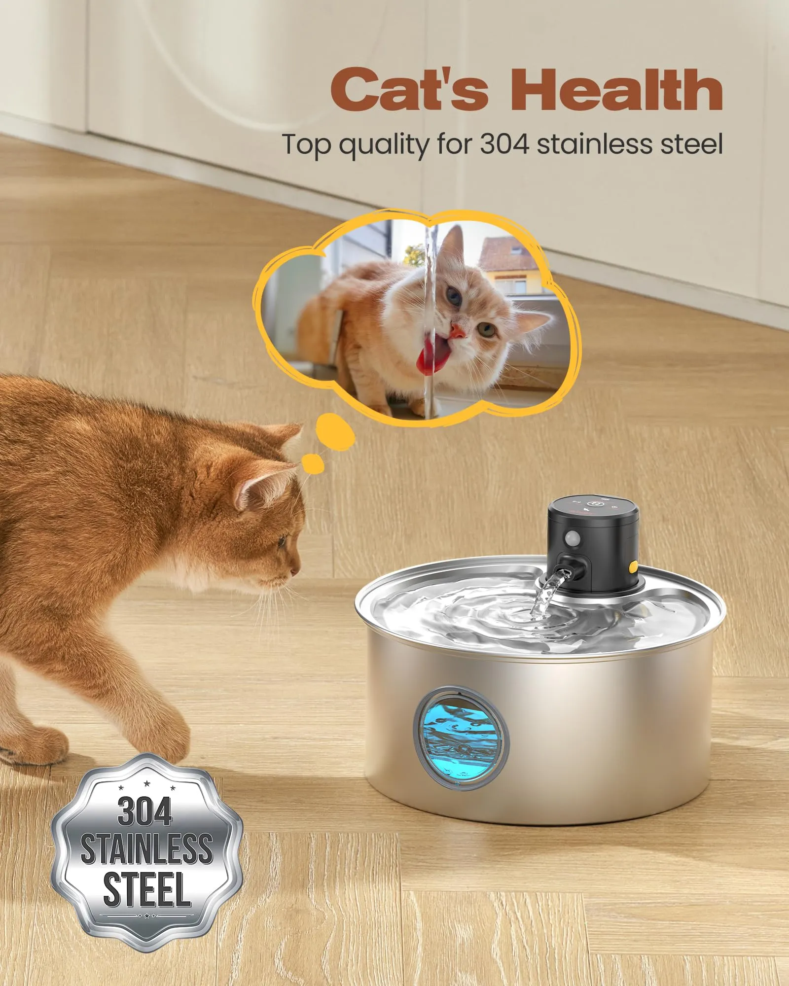 TOONIOOS Fontanella per Gatti senza Fili in Acciaio Inossidabile con Sensore, 3.2L, W2-EU - immagine 3