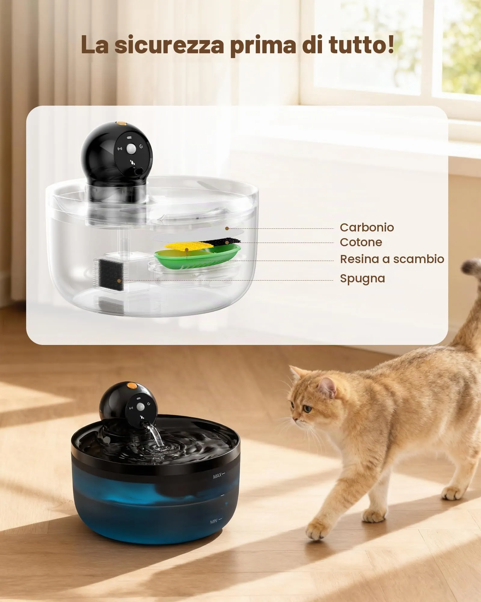 GOOIFUN Fontanella per Gatti con Sensore Wireless Ricaricabile, 2.6L, include 8 Filtri e 8 Spugne - immagine 5
