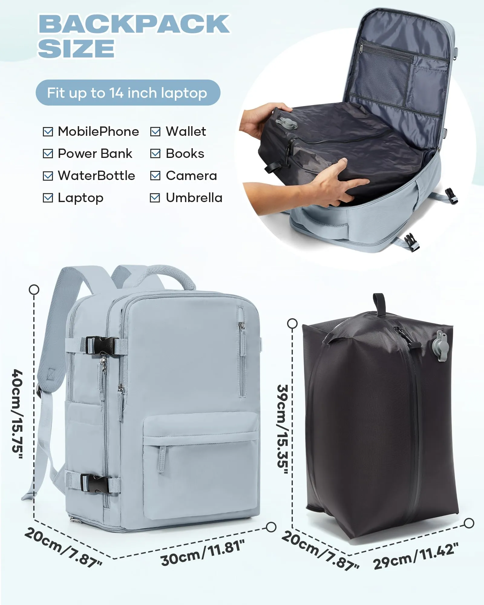 SZLX Zaino da Viaggio Sottovuoto con Pompa 40x30x20 per Ryanair, Wizzair, Easyjet, Impermeabile per Laptop 14 Pollici - immagine 4