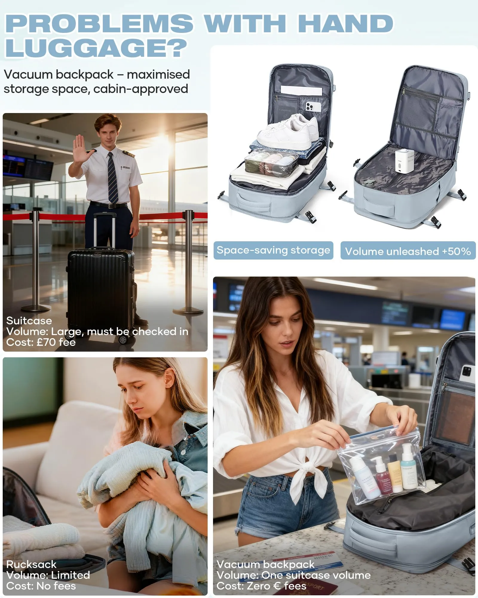 SZLX Zaino da Viaggio Sottovuoto con Pompa 40x30x20 per Ryanair, Wizzair, Easyjet, Impermeabile per Laptop 14 Pollici - immagine 7