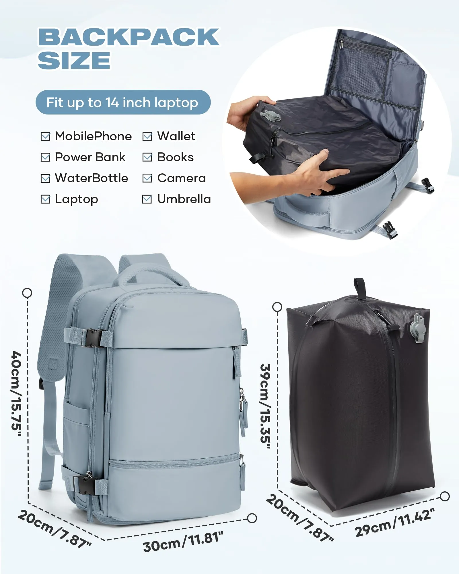 SZLX Zaino da Viaggio Sottovuoto con Pompa 40x30x20 per Ryanair Wizzair Easyjet, Impermeabile per Laptop 14 Pollici - immagine 4