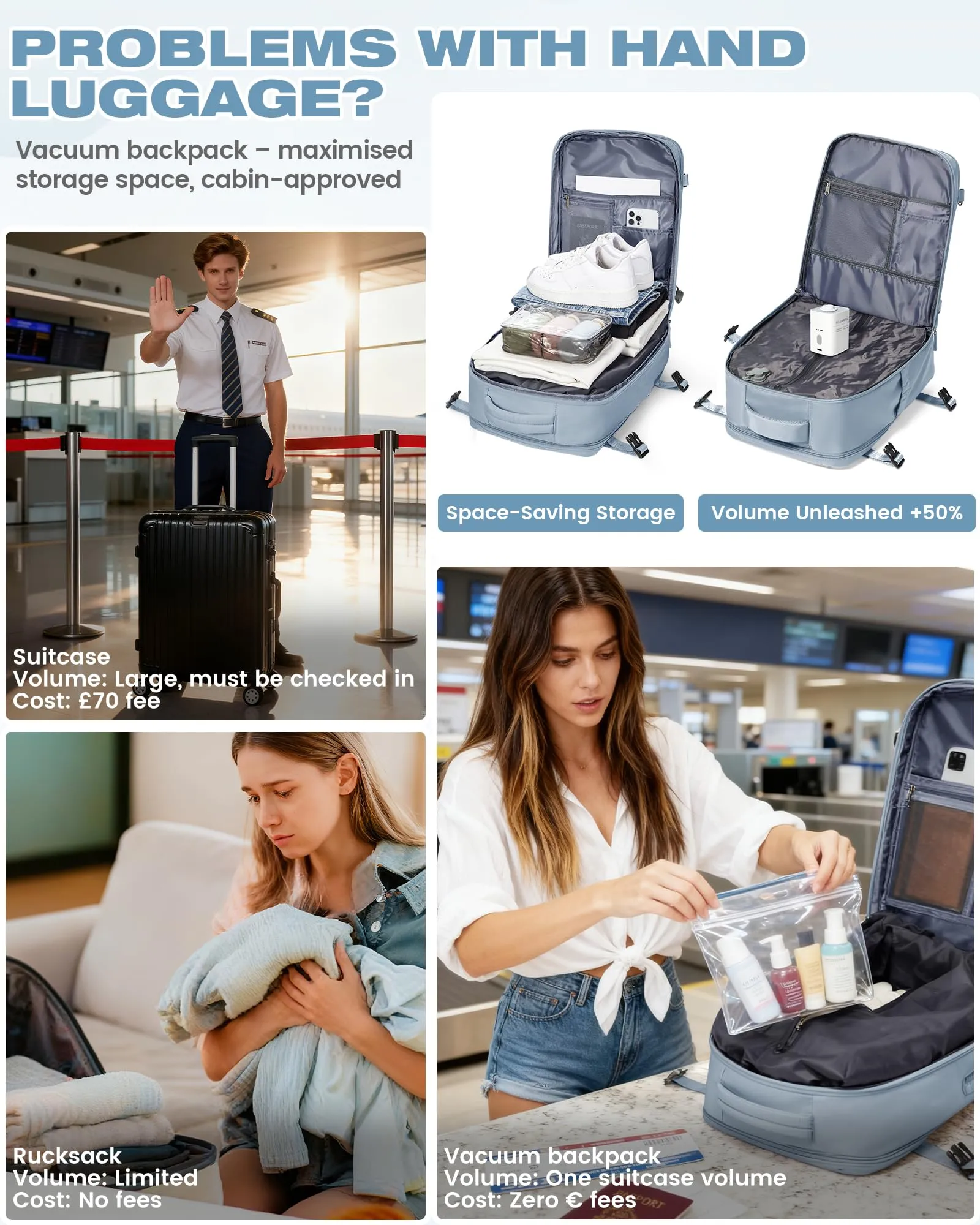 SZLX Zaino da Viaggio Sottovuoto con Pompa 40x30x20 per Ryanair Wizzair Easyjet, Impermeabile per Laptop 14 Pollici - immagine 7