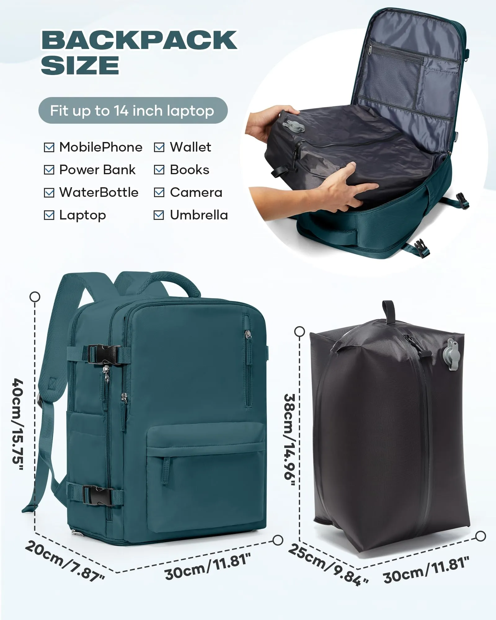 SZLX Zaino da Viaggio Sottovuoto con Pompa 40x30x20 per Ryanair, Wizzair, Easyjet, Impermeabile per Laptop 14 Pollici - immagine 4