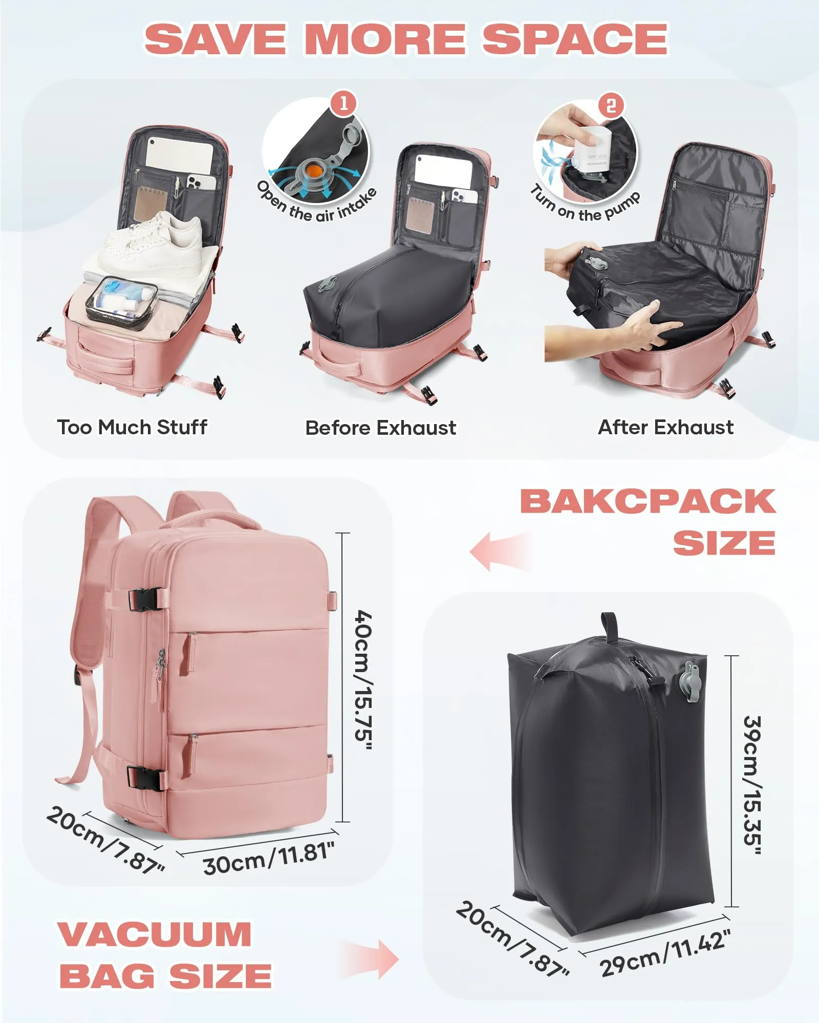 SZLX Zaino da Viaggio Sottovuoto con Pompa per Ryanair 40x30x20, Wizzair ed Easyjet, Compatibile Laptop 14 Pollici con Porta Scarpe - immagine 5