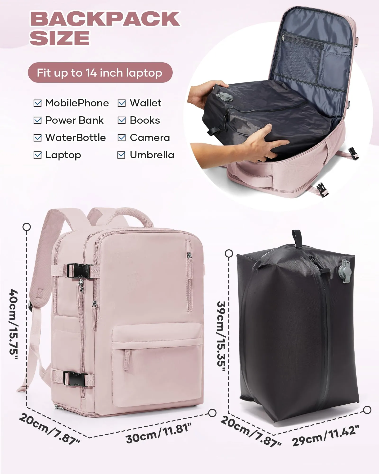 SZLX Zaino da Viaggio Sottovuoto con Pompa 40x30x20 per Ryanair Wizzair Easyjet, Impermeabile per Laptop 14 Pollici - immagine 4
