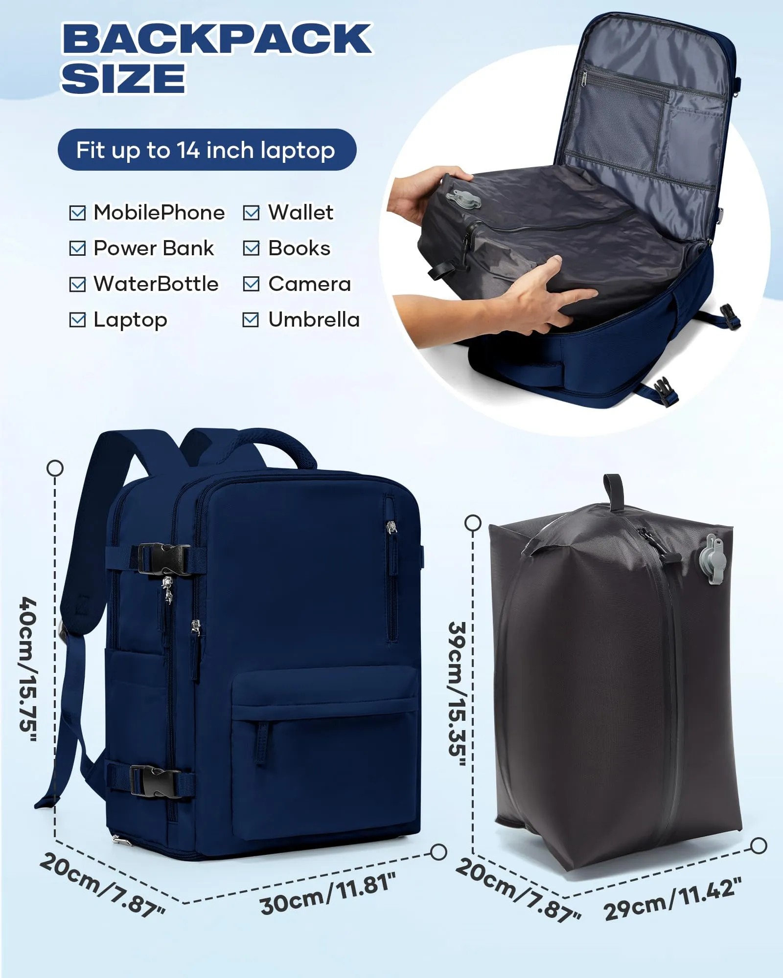 SZLX Zaino da Viaggio Sottovuoto con Pompa 40x30x20cm per Ryanair, Wizzair, Easyjet, Impermeabile per Laptop 14 Pollici - immagine 4