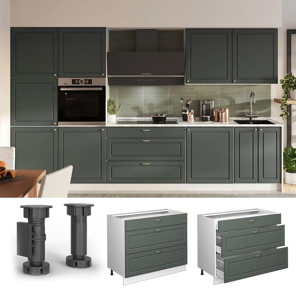 Vicco Fame-Line Mobile Base per Cucina con Cassetti Verde-oro Country/Bianco 100 cm - immagine 4
