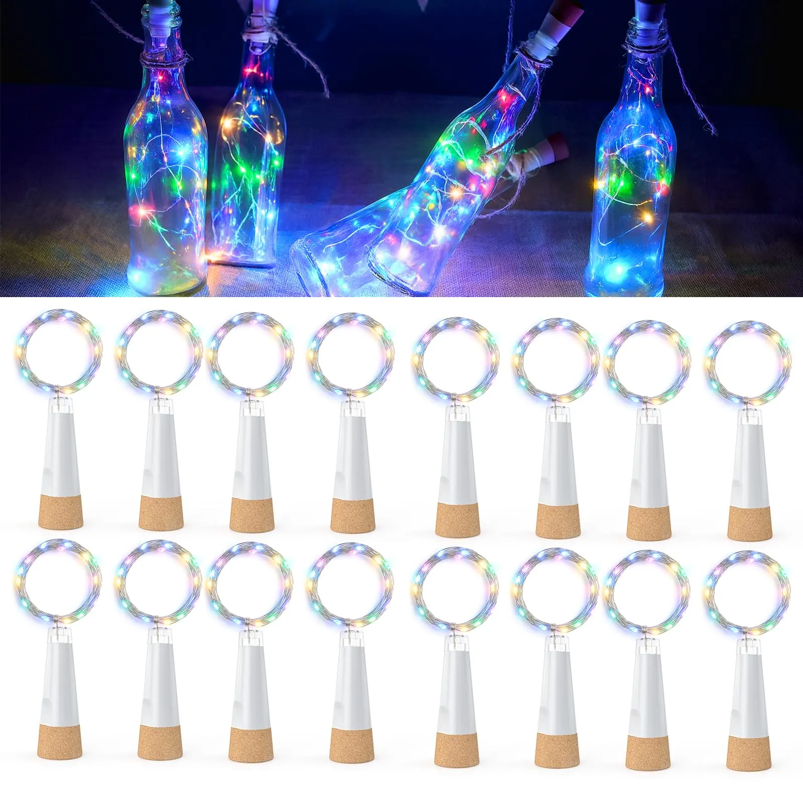 KOBWA Luci per bottiglie con sughero ricaricabili USB, Multicolore, 16 Pezzi - immagine 1