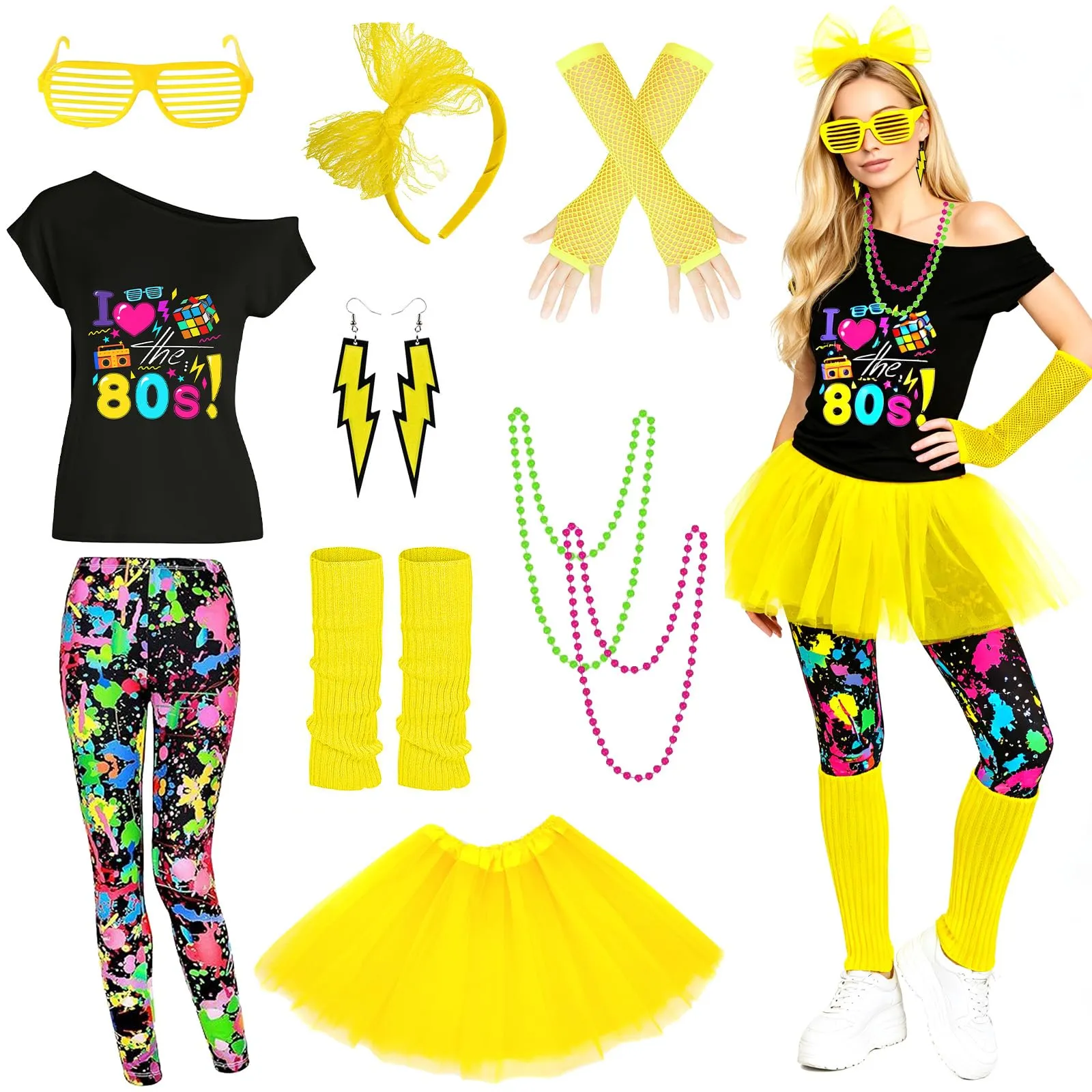 DAZZTIME Costume Anni 80 e 90 da Donna, Set Accessori Abbigliamento Discoteca per Carnevale e Halloween - immagine 1
