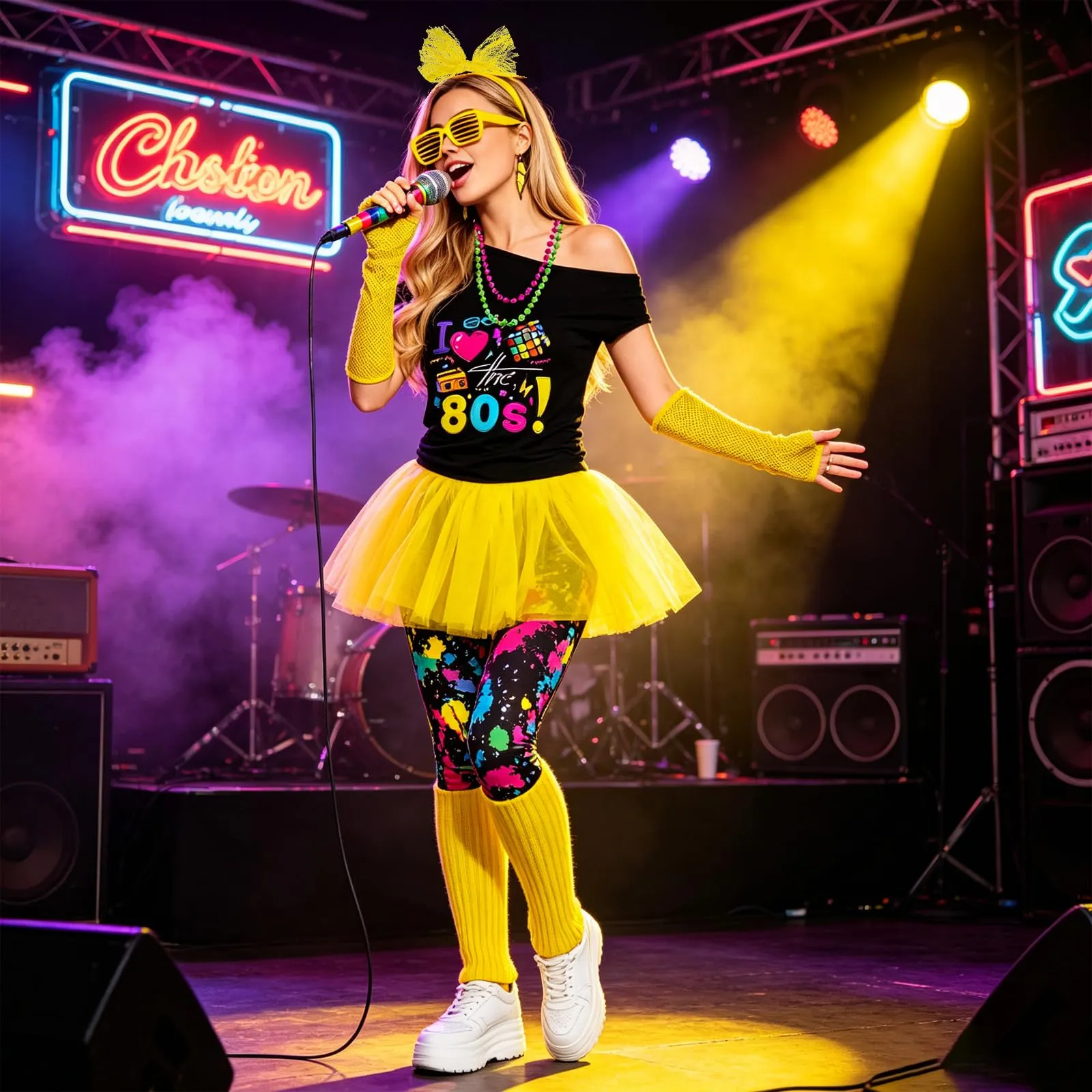 DAZZTIME Costume Anni 80 e 90 da Donna, Set Accessori Abbigliamento Discoteca per Carnevale e Halloween - immagine 4