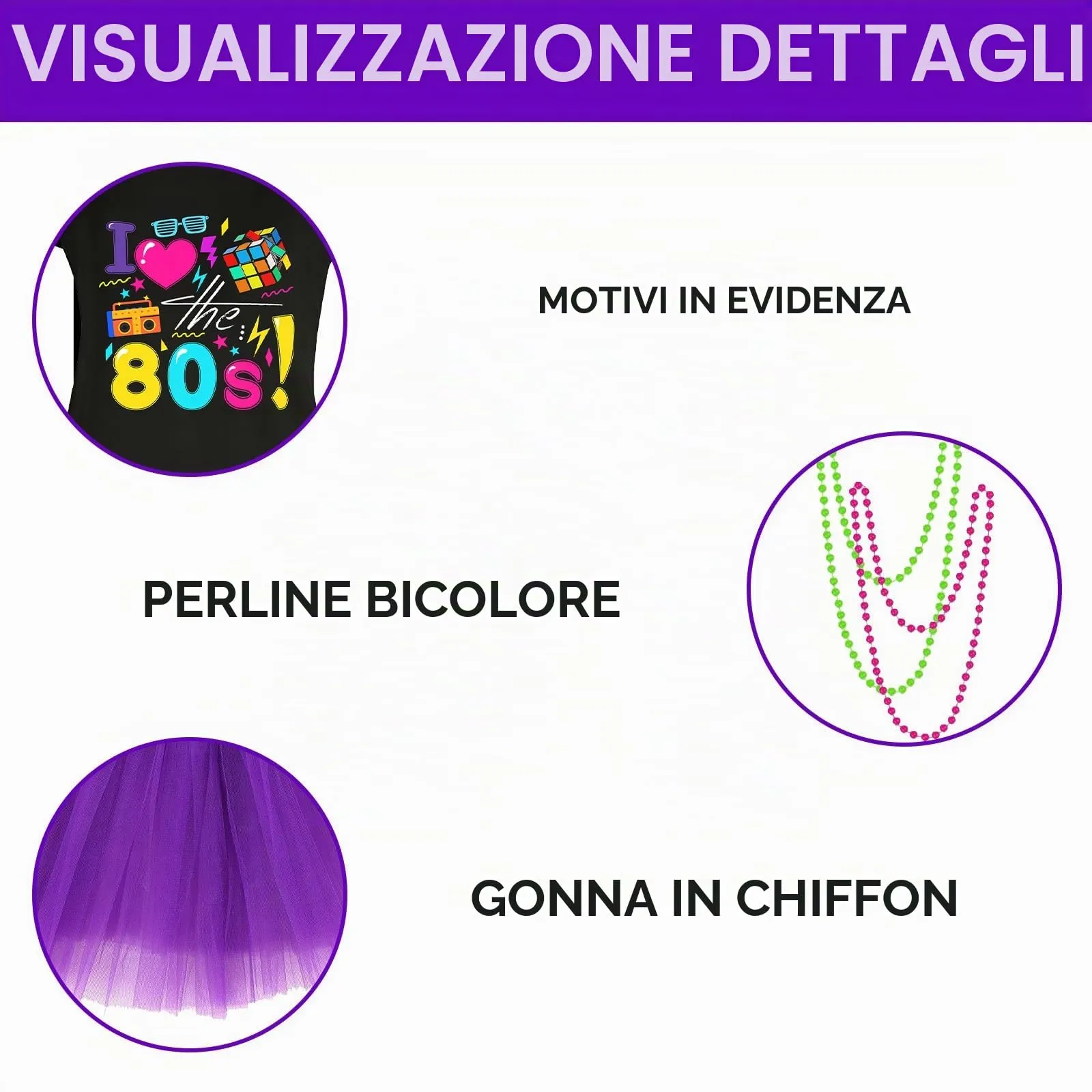 DAZZTIME Costume Anni 80 e 90 da Donna con Accessori, Abbigliamento da Discoteca per Carnevale e Halloween, Taglia XL, Viola 2 - immagine 3